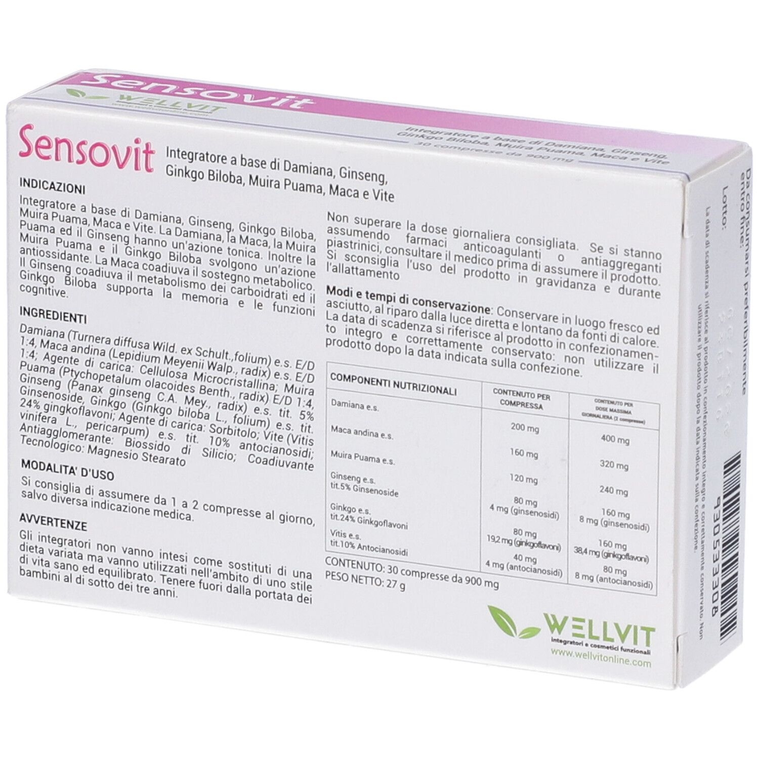 Confezione Sensovit con logo, ingredienti e simboli uomo/donna. 30 compresse.