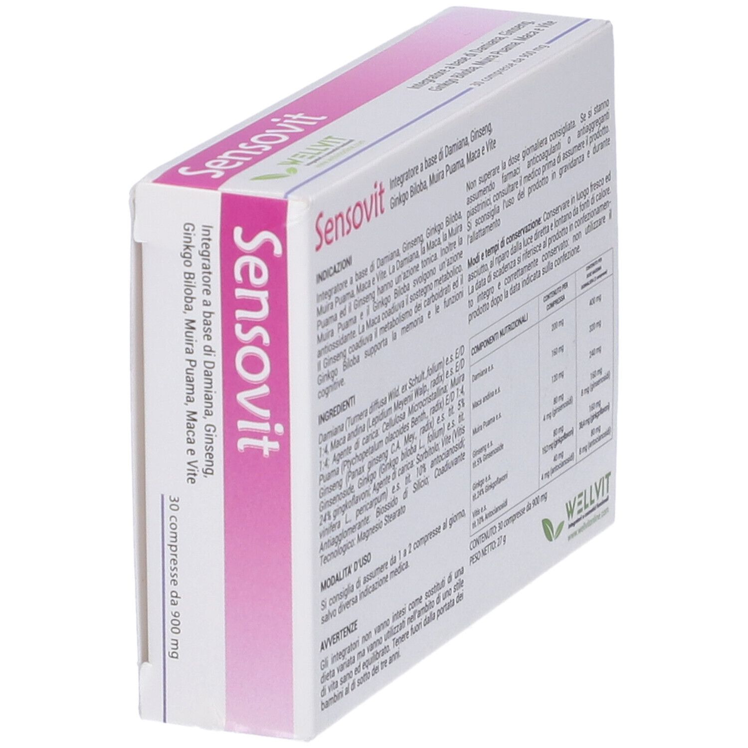 Confezione Sensovit con logo, ingredienti e simboli uomo/donna. 30 compresse.