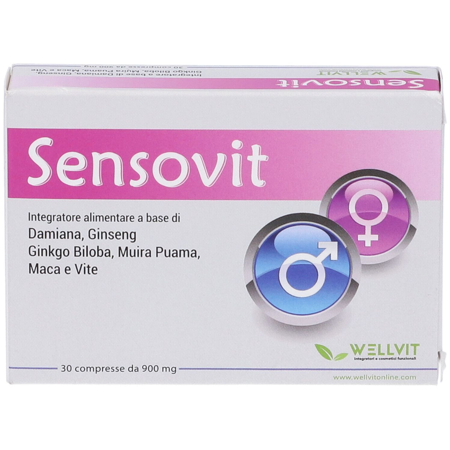 Confezione Sensovit con logo, ingredienti e simboli uomo/donna. 30 compresse.