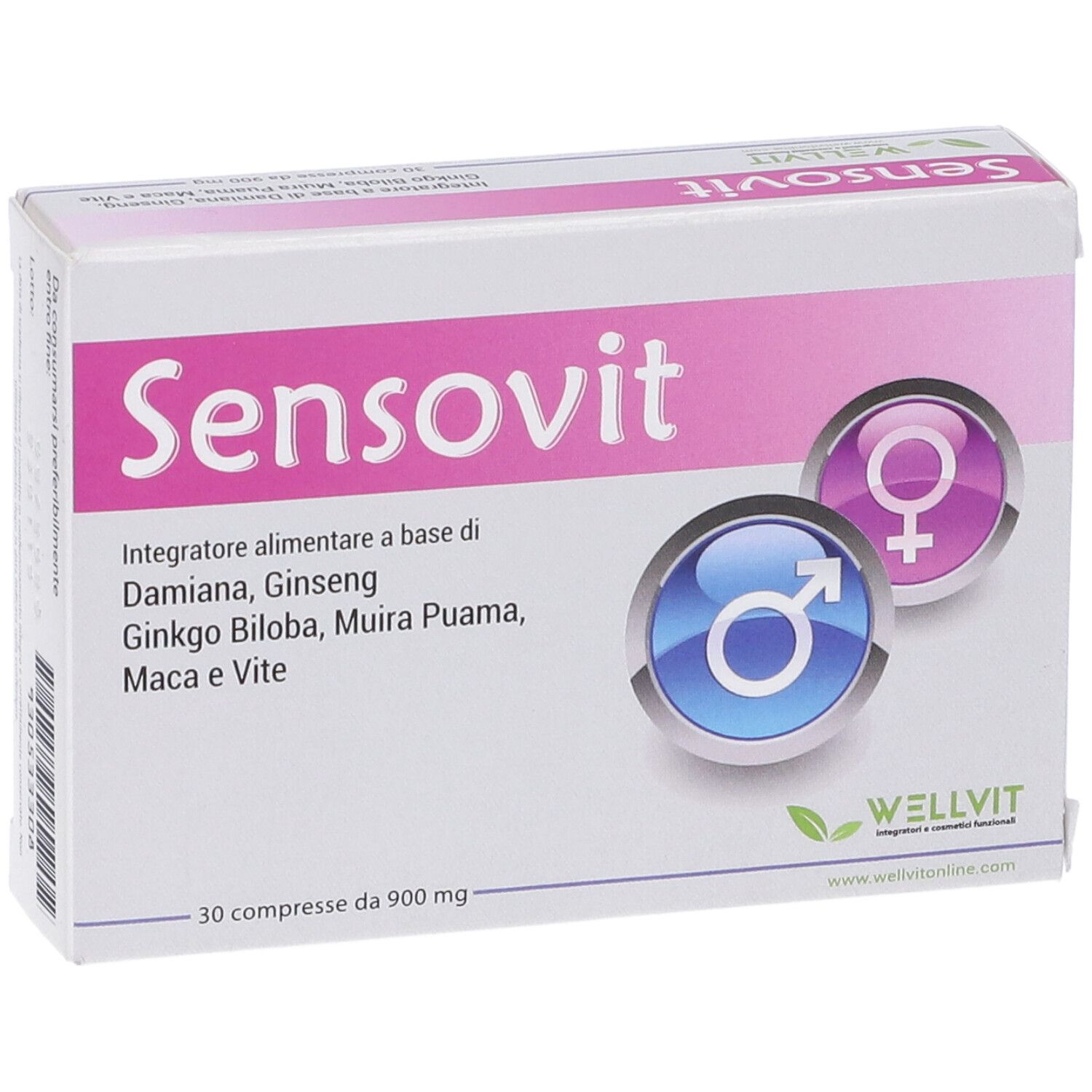 Confezione Sensovit con logo, ingredienti e simboli uomo/donna. 30 compresse.