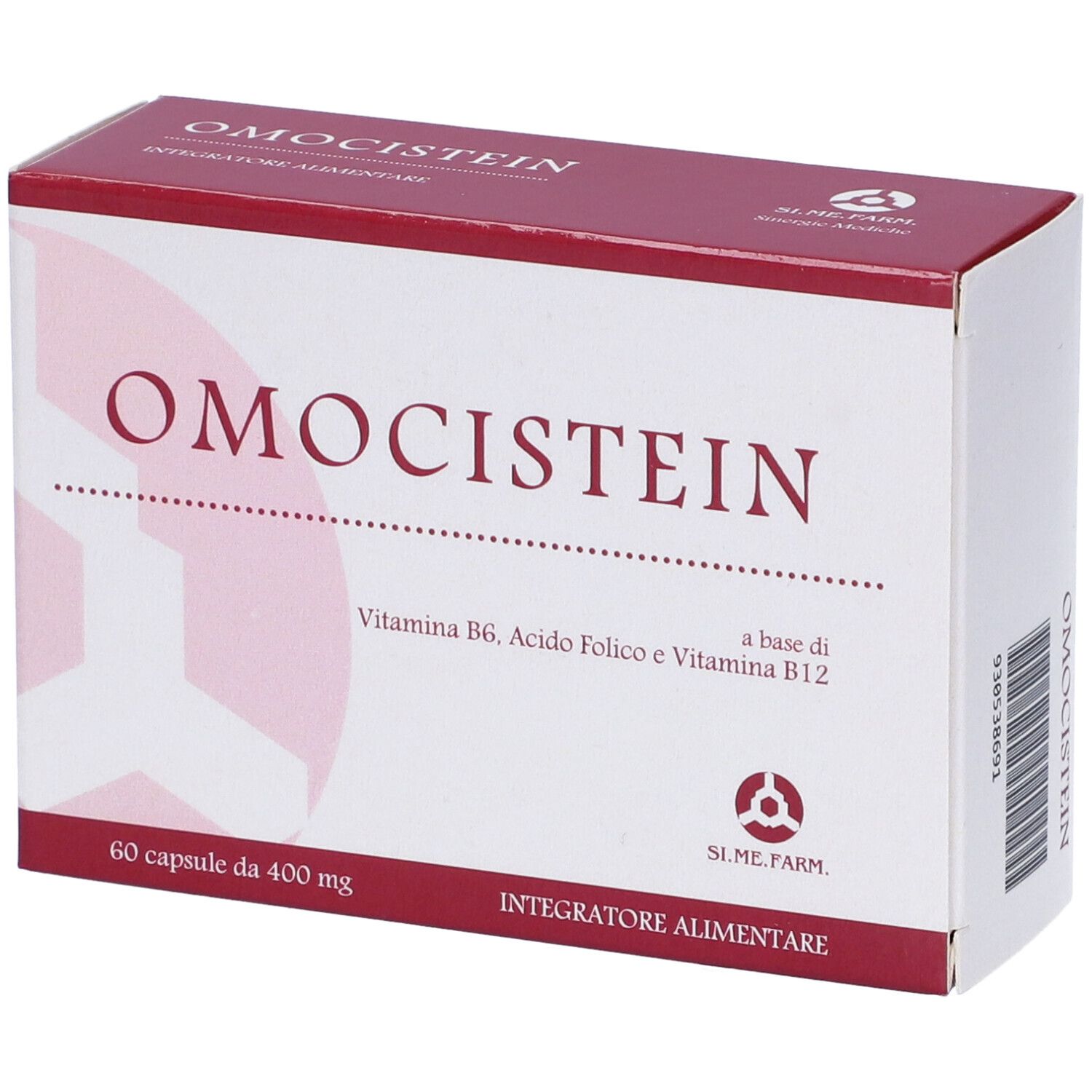 Scatola di capsule Omocistein. Scritta: Vitamina B6, Acido Folico, Vitamina B12. 60 capsule.