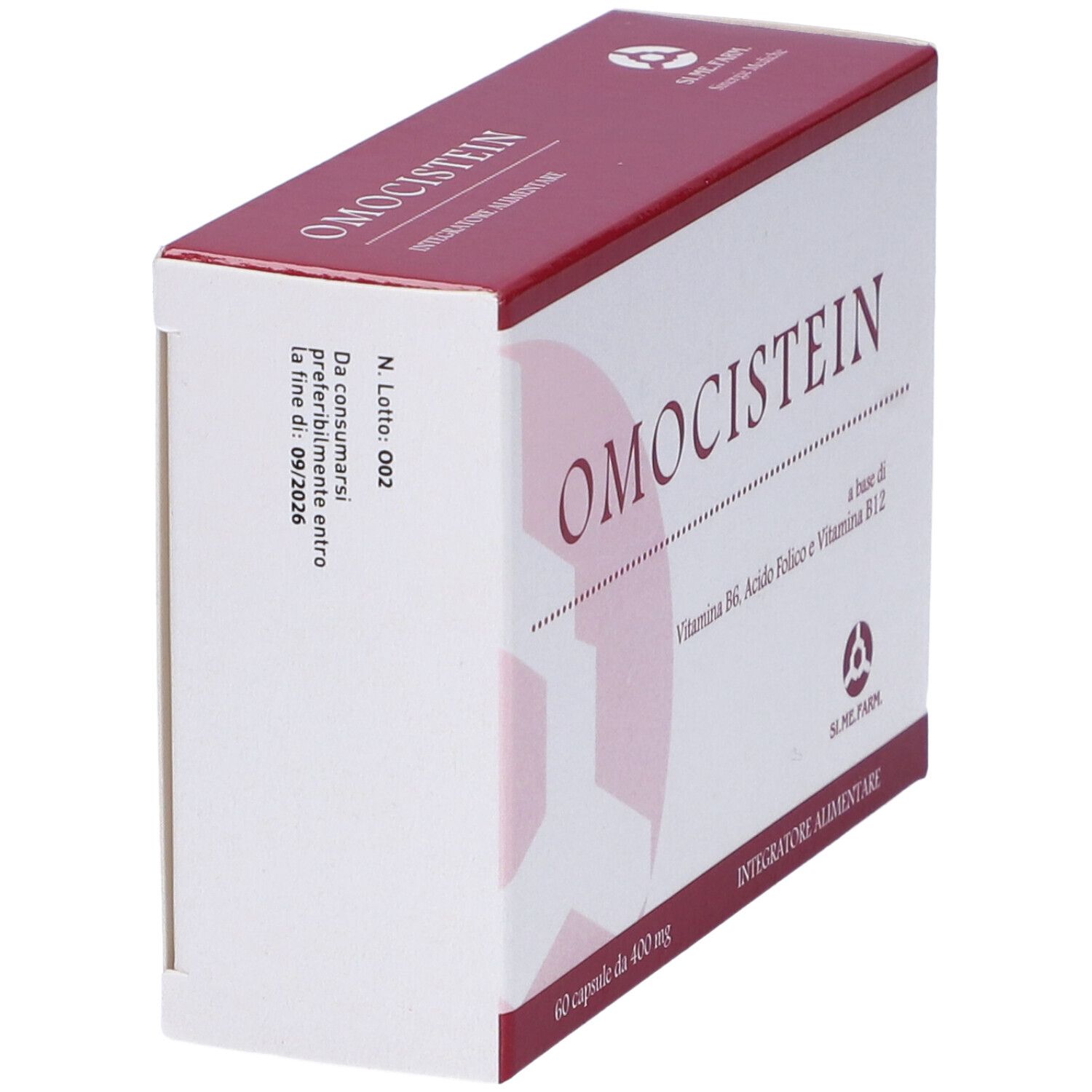 Scatola Omocistein, vista laterale. Scritta: Omocistein. Da consumare entro 09/2026. SL.ME.FARM.