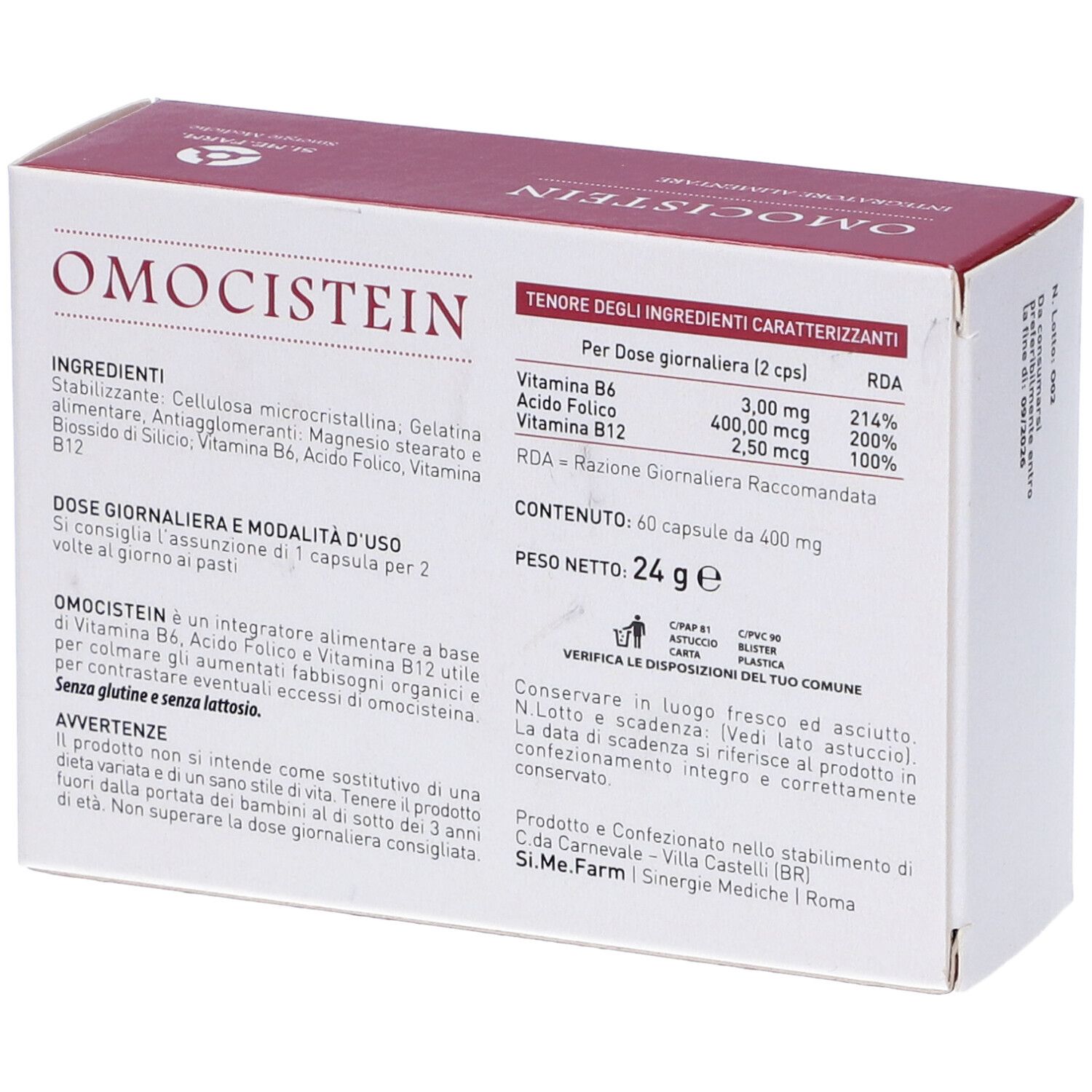Scatola Omocistein, retro. Elenco ingredienti, dosaggio, avvertenze. Peso netto 24g.