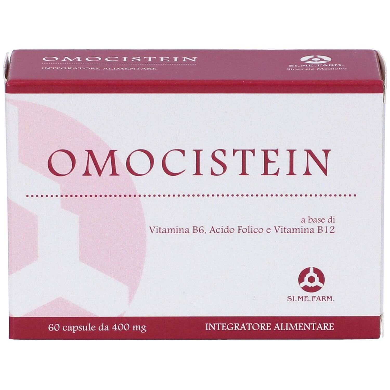 Scatola Omocistein. Scritta: Vitamina B6, Acido Folico, Vitamina B12. 60 capsule. SL.ME.FARM.