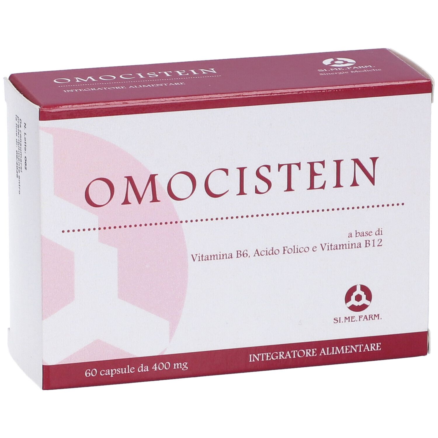 Scatola Omocistein. Scritta: Vitamina B6, Acido Folico, Vitamina B12. 60 capsule. SL.ME.FARM.