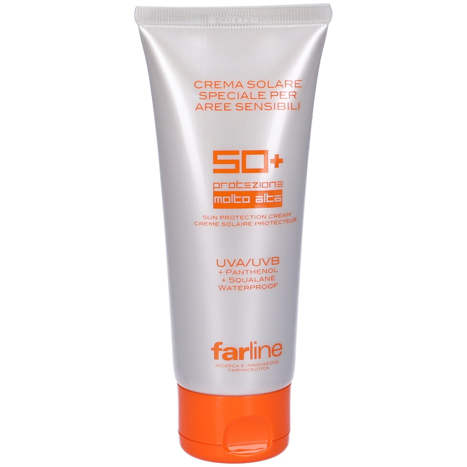 Tubo di crema con tappo arancione. Scritte: Crema Solare, SPF 50+, UVA/UVB, Pantenolo, Squalano, Waterproof. Marchio: Farline.