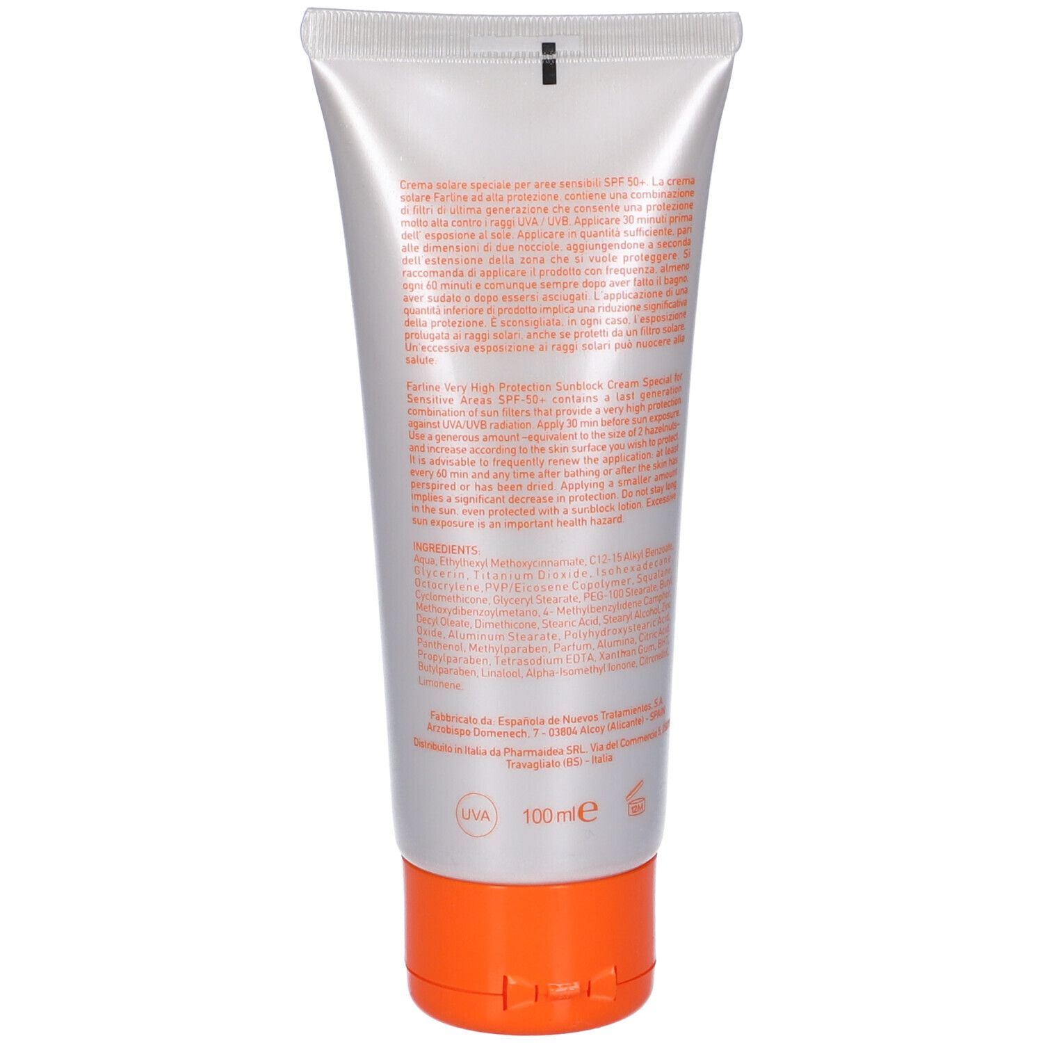 Retro del tubo di crema. Testo multilingue. Ingredienti e informazioni produttore. Simbolo UVA e 100 ml.