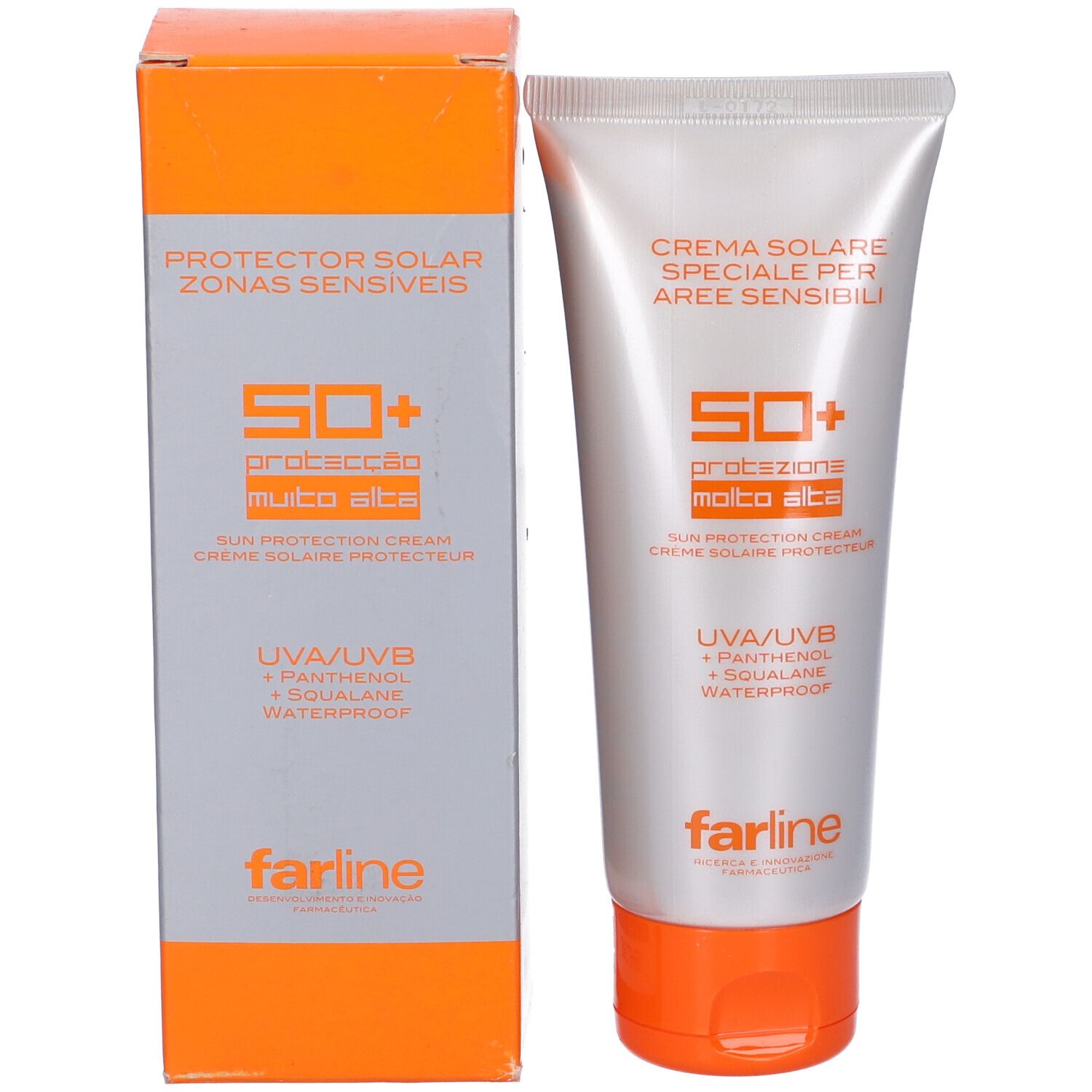 Tubo di crema e scatola affiancati. Scritte: Protector Solar, SPF 50+, UVA/UVB, Pantenolo, Squalano, Waterproof. Marchio: Farline.