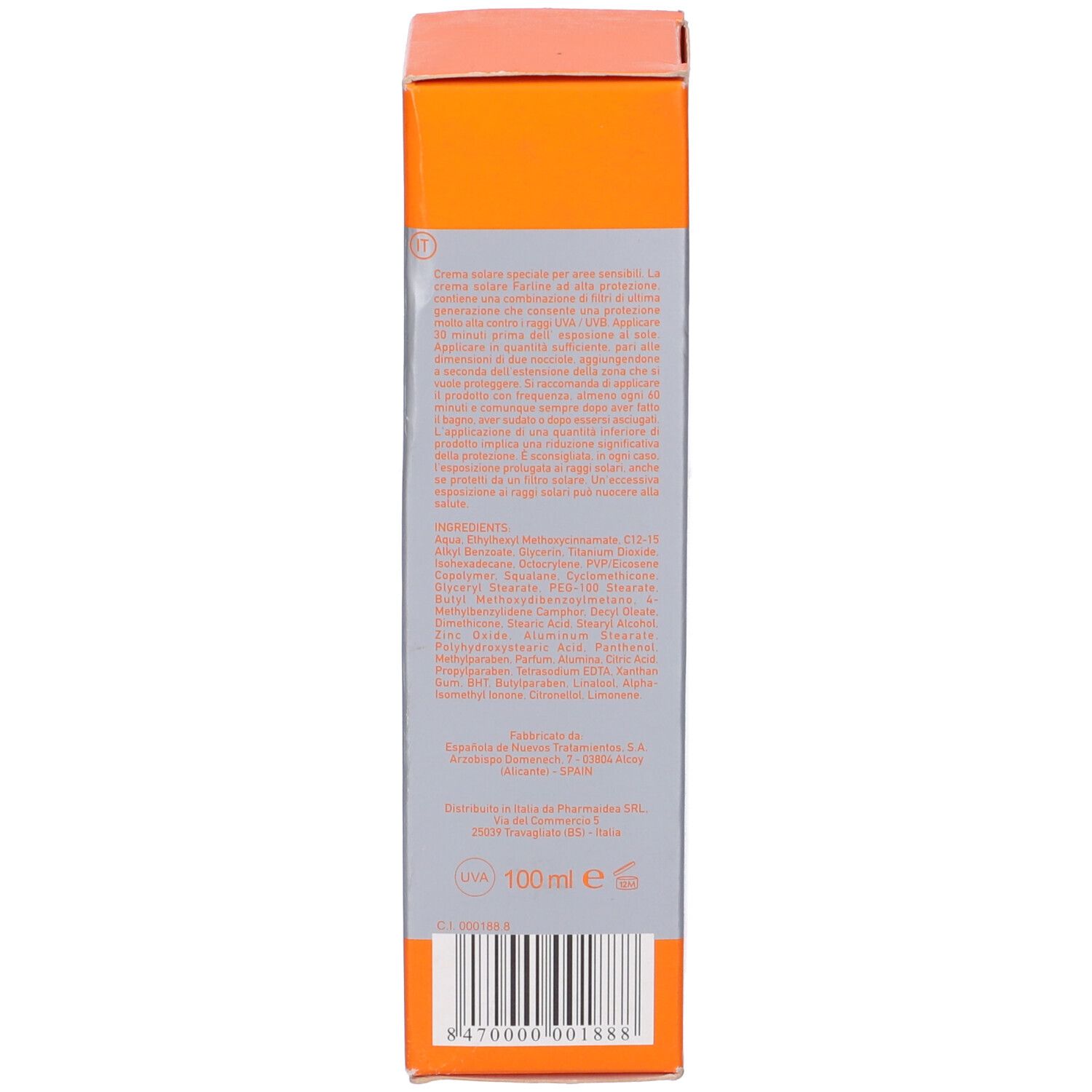 Retro della scatola. Testo multilingue. Ingredienti e informazioni produttore. Simbolo UVA e 100 ml.