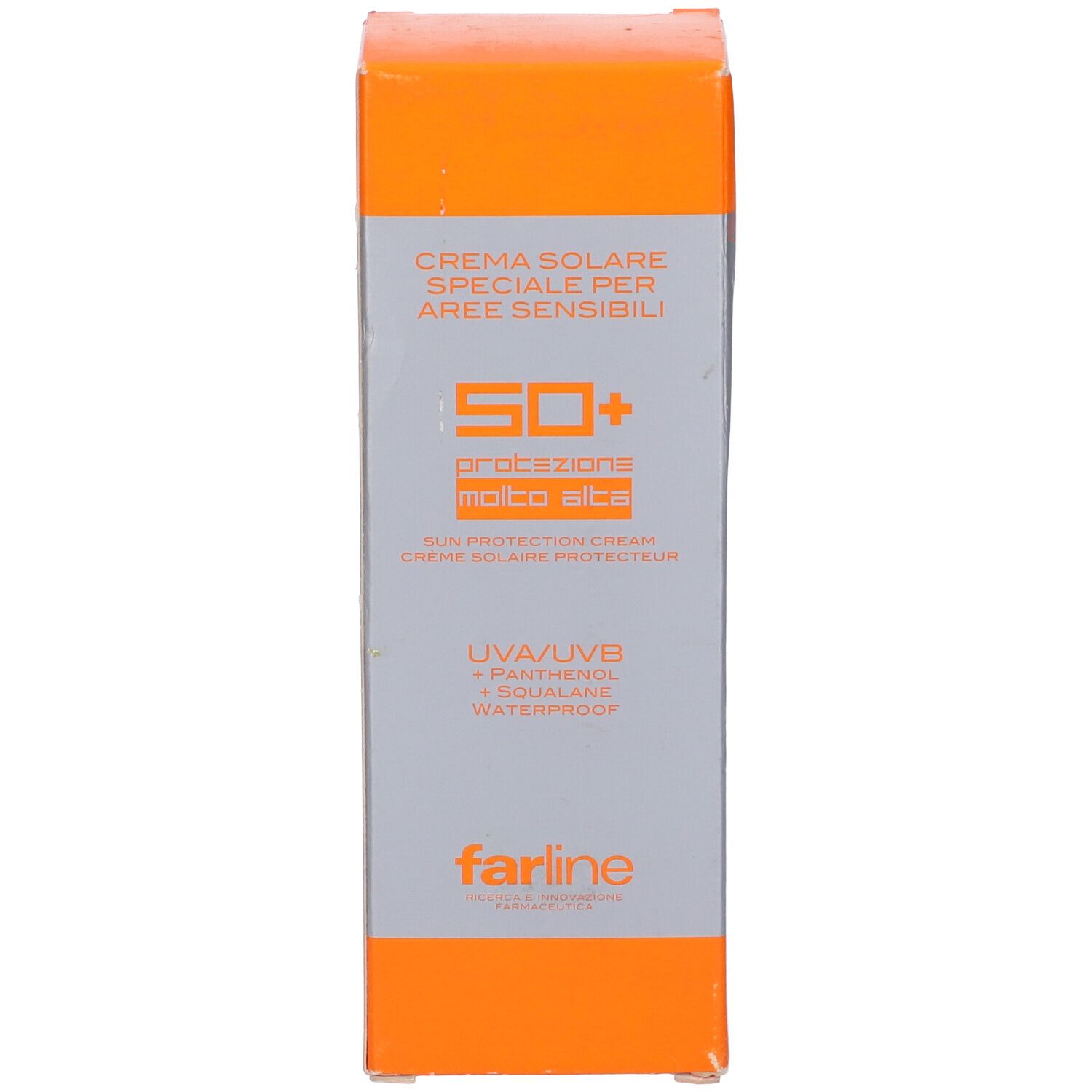 Fronte della scatola. Scritte: Crema Solare, SPF 50+, UVA/UVB, Pantenolo, Squalano, Waterproof. Marchio: Farline.