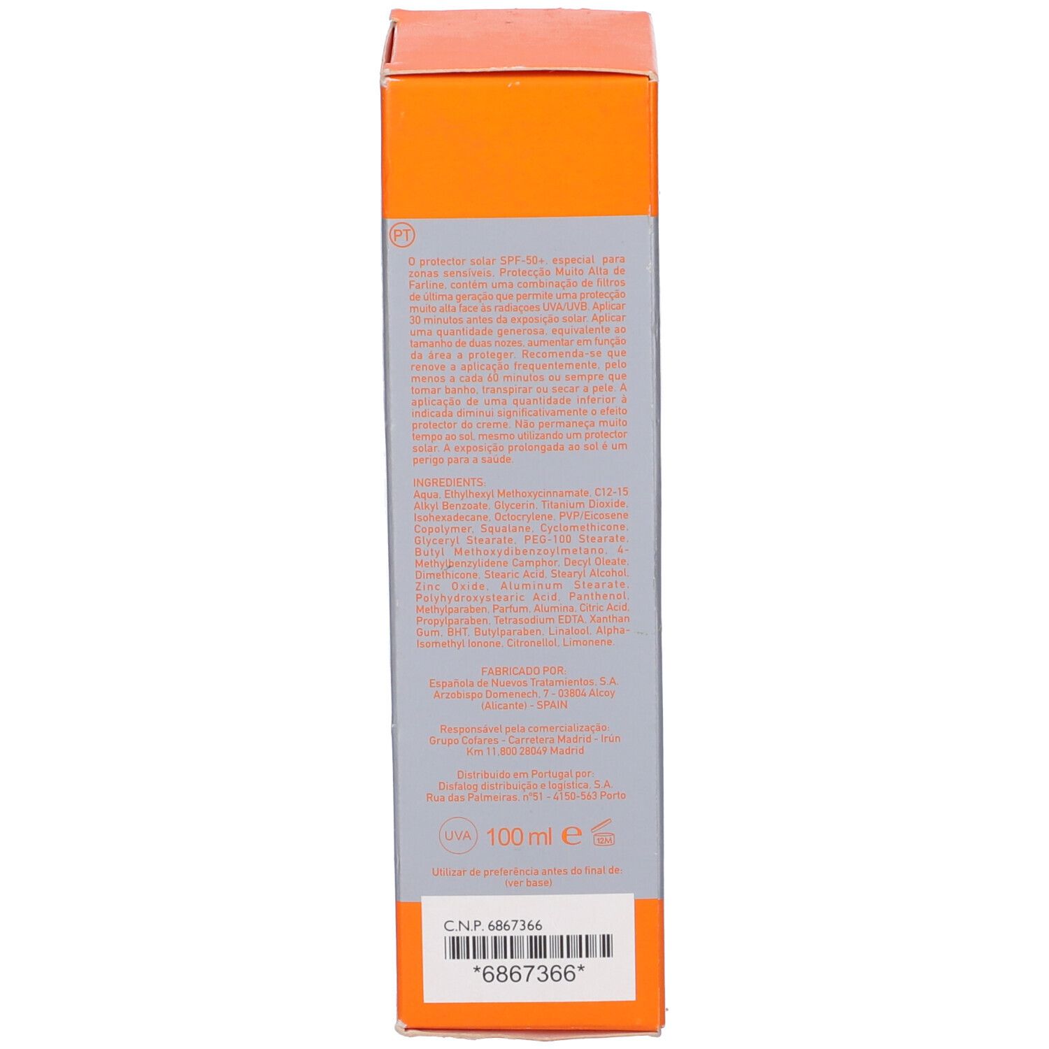 Retro della scatola. Testo multilingue. Simbolo UVA e 100 ml. Codice a barre e numero di lotto.
