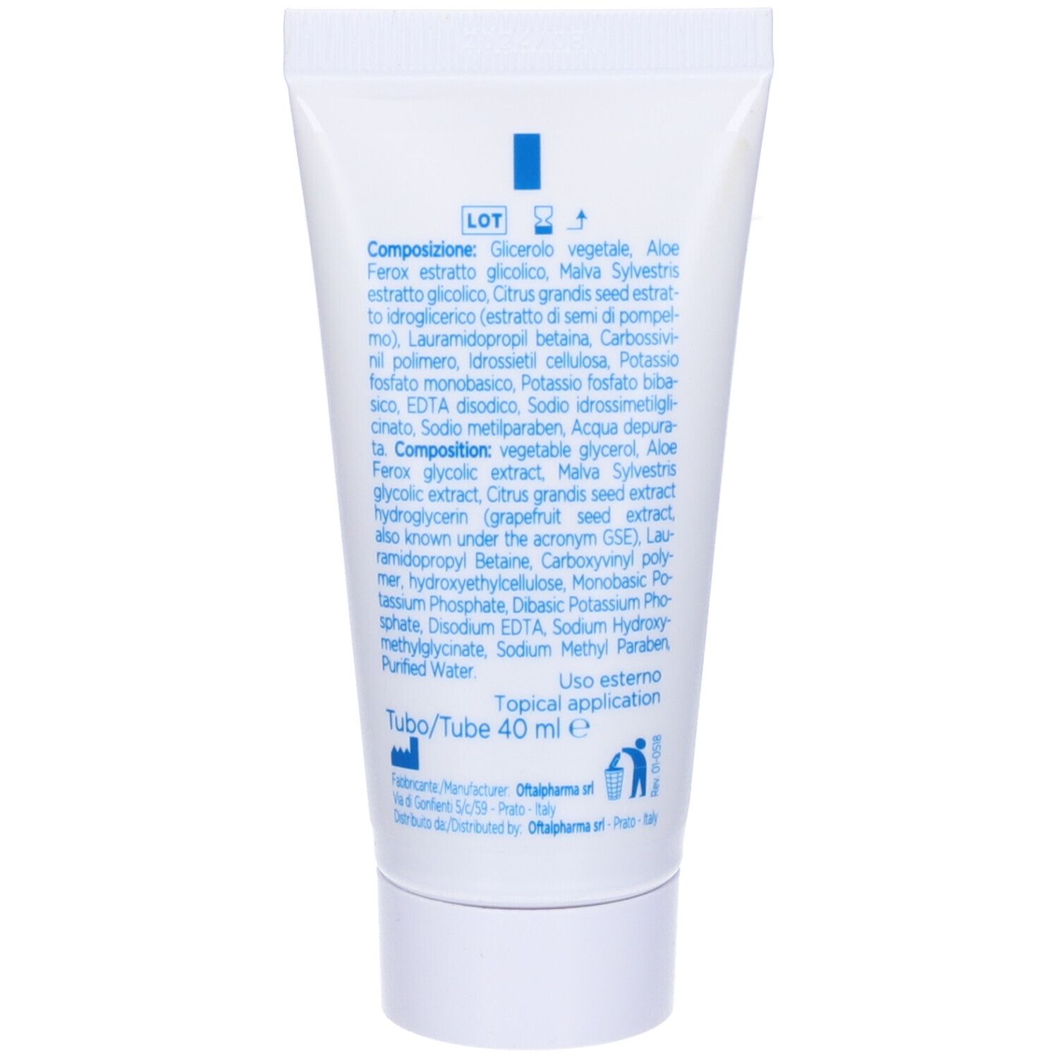 Retro di un tubo. Testo con ingredienti e istruzioni per l'uso. 40 ml.