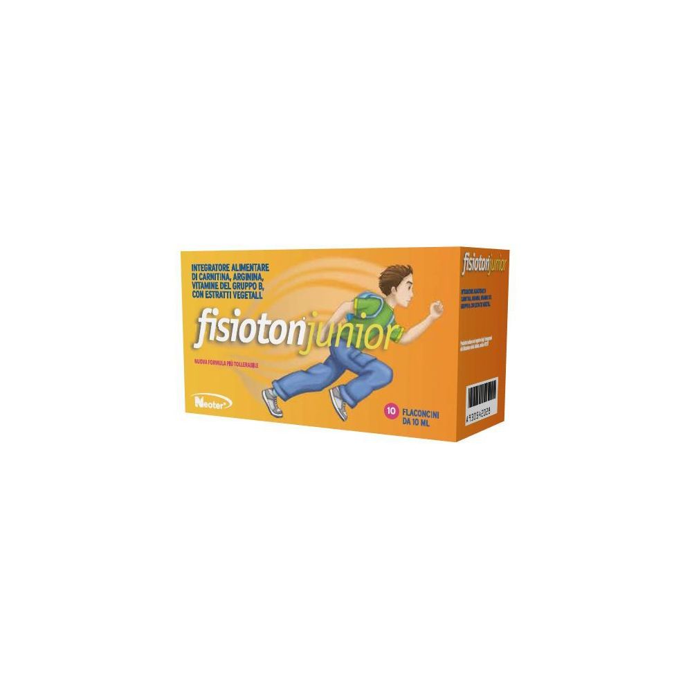 Scatola arancione con logo "fisioton junior" e immagine di un ragazzo. Contiene 10 flaconcini.