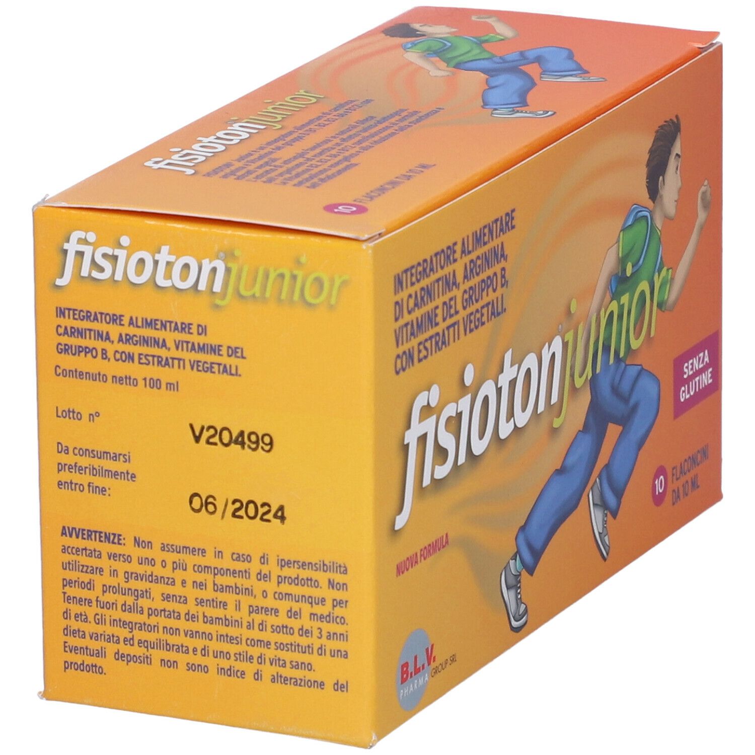 Scatola arancione con logo "fisioton junior", immagine di un ragazzo e testo. 10 flaconcini, senza glutine.