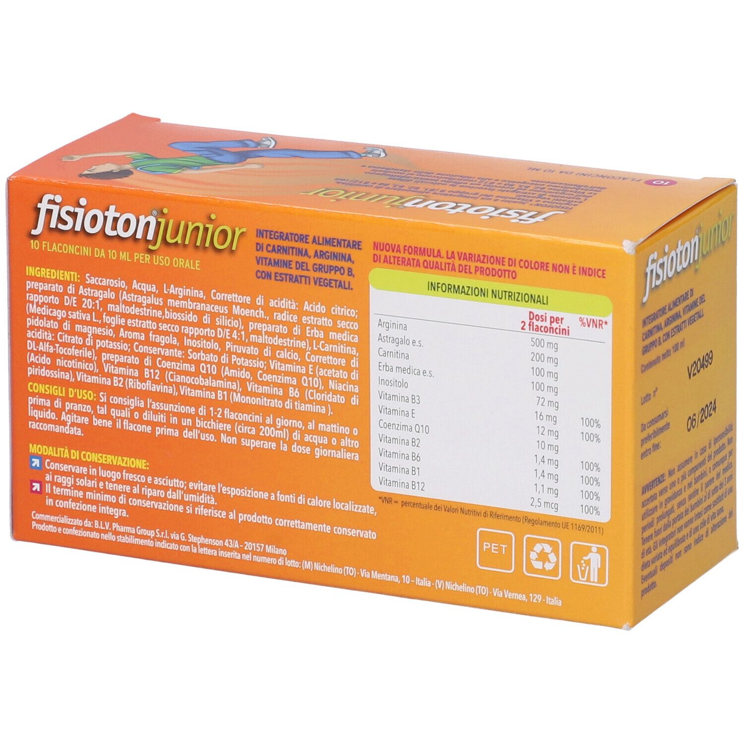 Scatola arancione con logo "fisioton junior" e testo. Retro con ingredienti e informazioni nutrizionali.