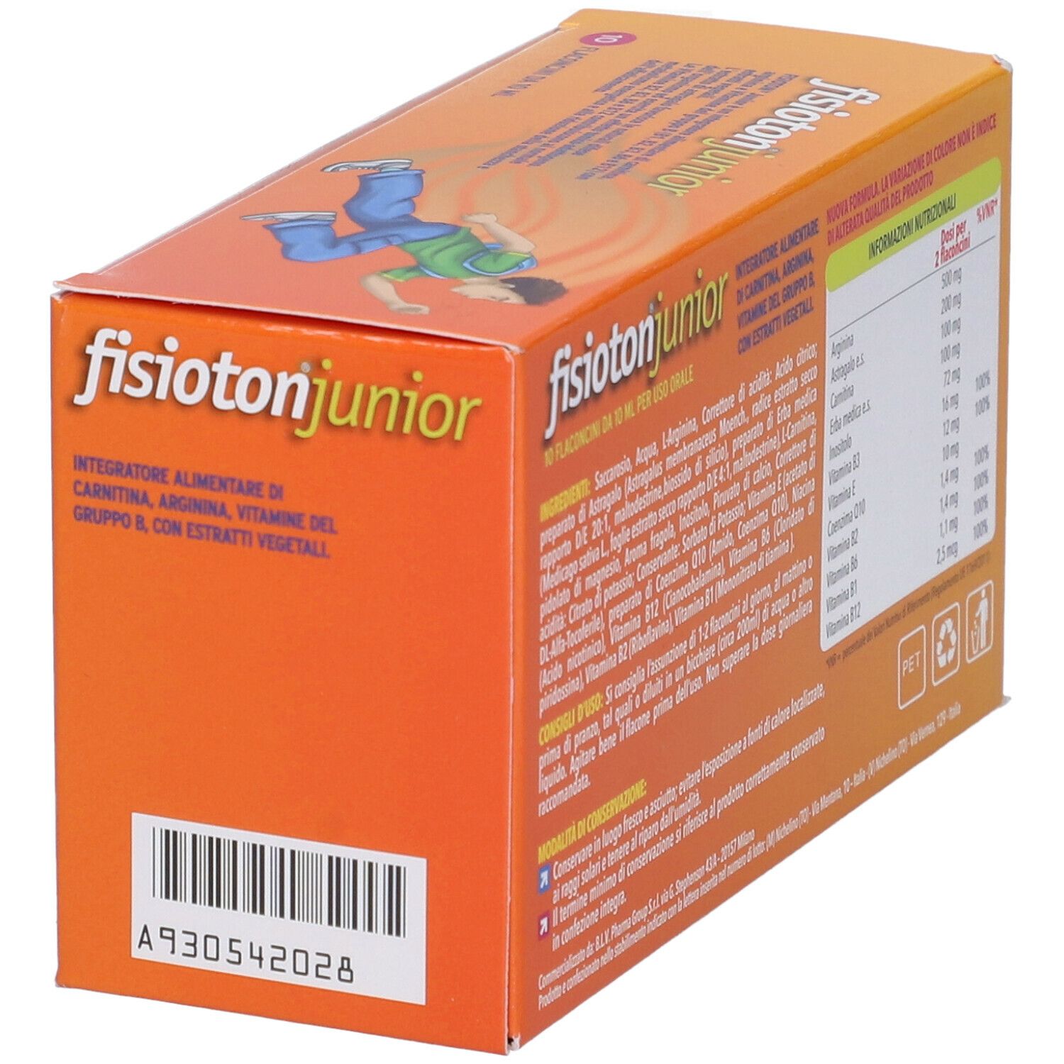 Scatola arancione con logo "fisioton junior" e testo. Retro con ingredienti e informazioni nutrizionali.