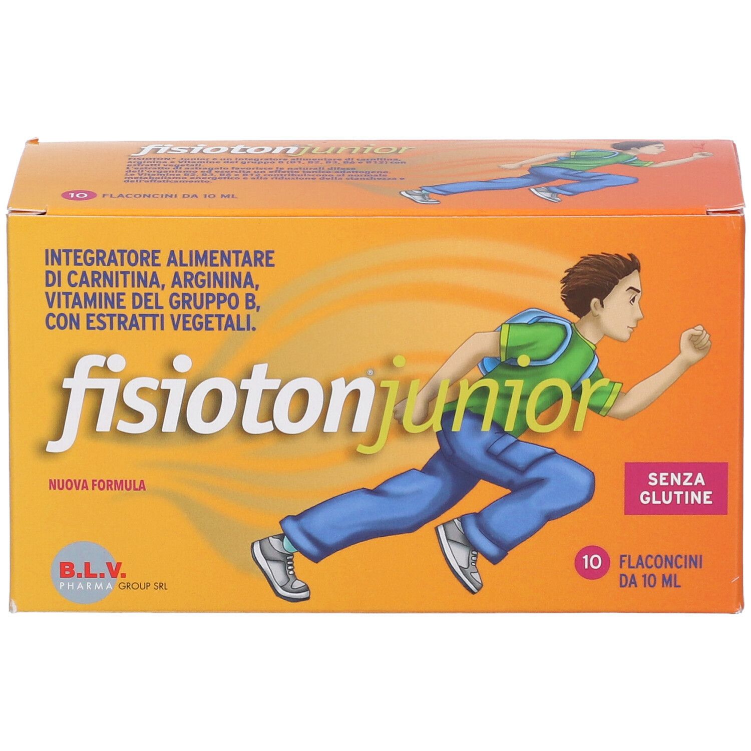 Scatola arancione con logo "fisioton junior", immagine di un ragazzo e testo. 10 flaconcini, senza glutine.