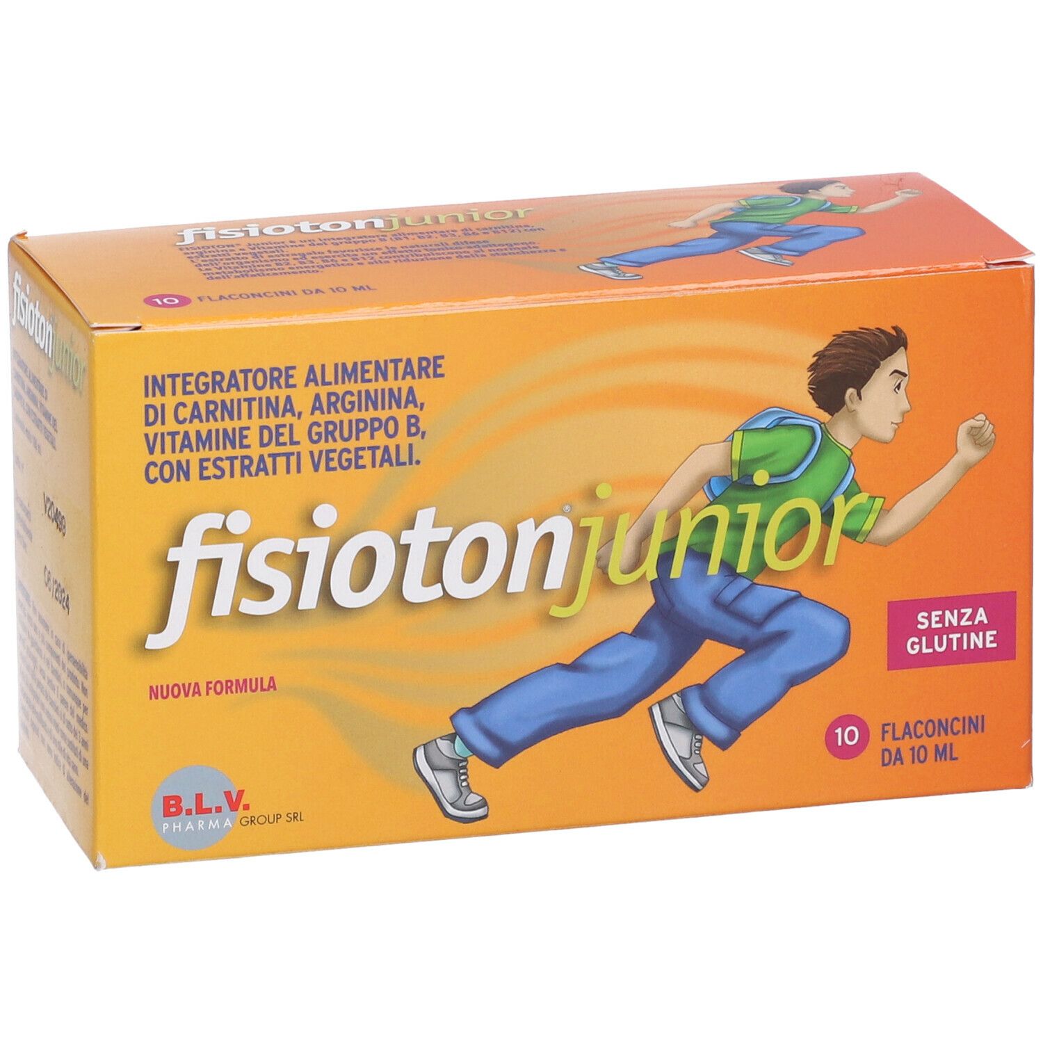 Scatola arancione con logo "fisioton junior", immagine di un ragazzo e testo. 10 flaconcini, senza glutine.