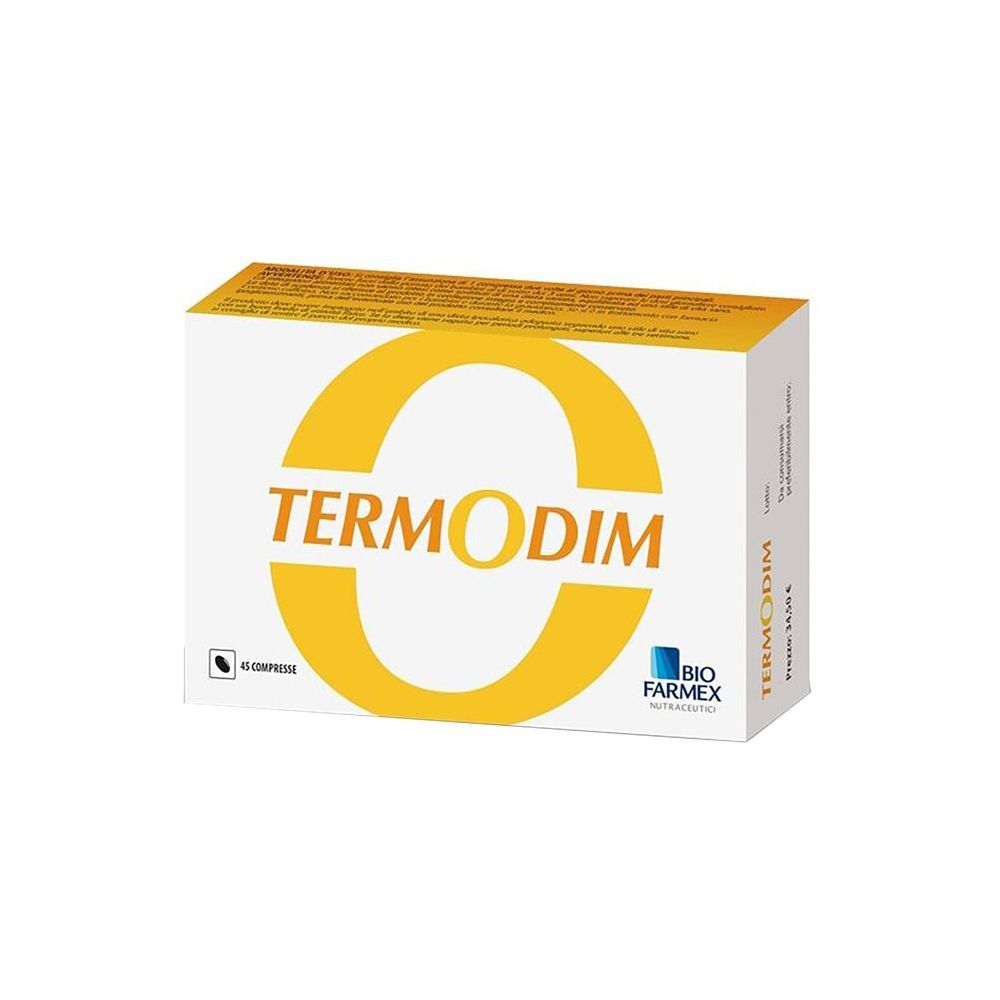 Scatola bianca con logo giallo "Termodim". Scritto: 40 compresse. Logo Biofarmex.