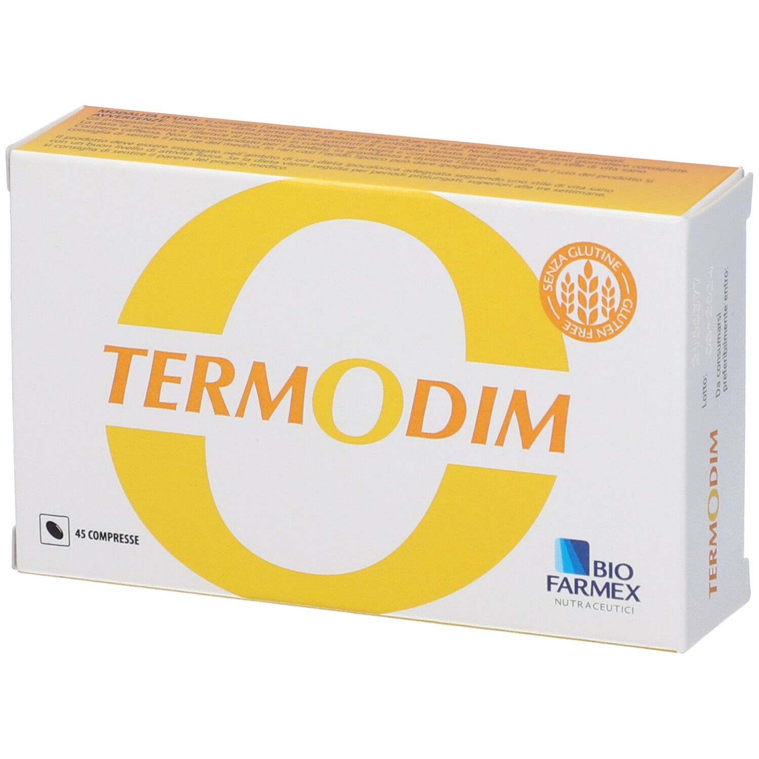 Scatola bianca con logo giallo "Termodim". Scritto: 45 compresse. Sigillo senza glutine. Logo Biofarmex.