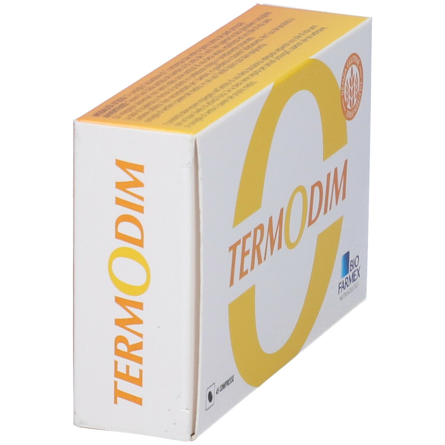 Scatola con logo giallo "Termodim". Scritto: 40 compresse. Logo Biofarmex. Vista laterale.