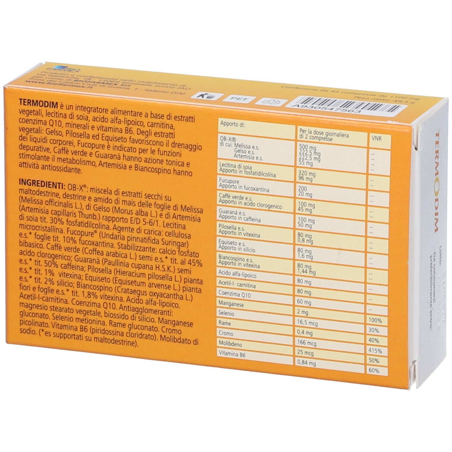 Retro della confezione in cartone con ingredienti e informazioni nutrizionali. Sfondo giallo.