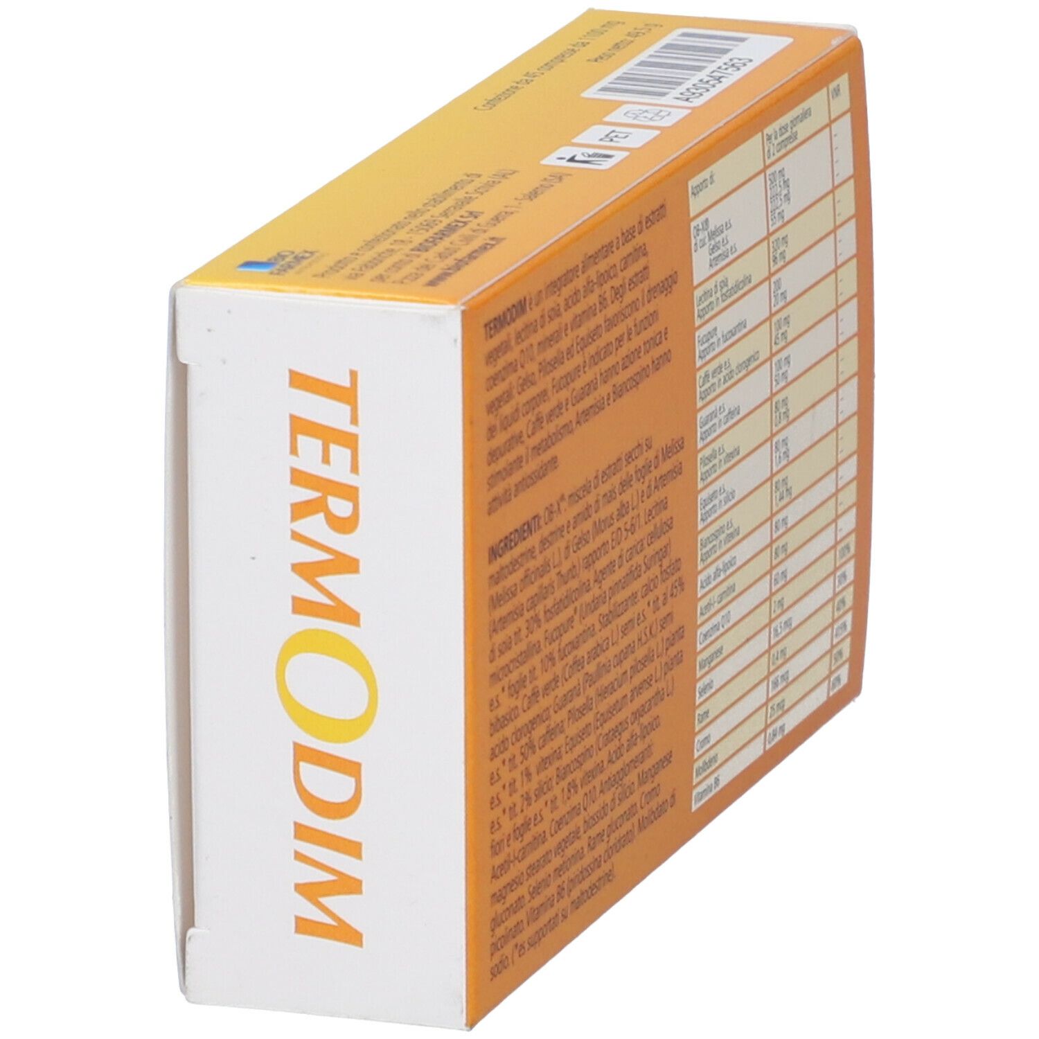 Confezione in cartone con ingredienti e informazioni nutrizionali. Sfondo giallo. Vista laterale.