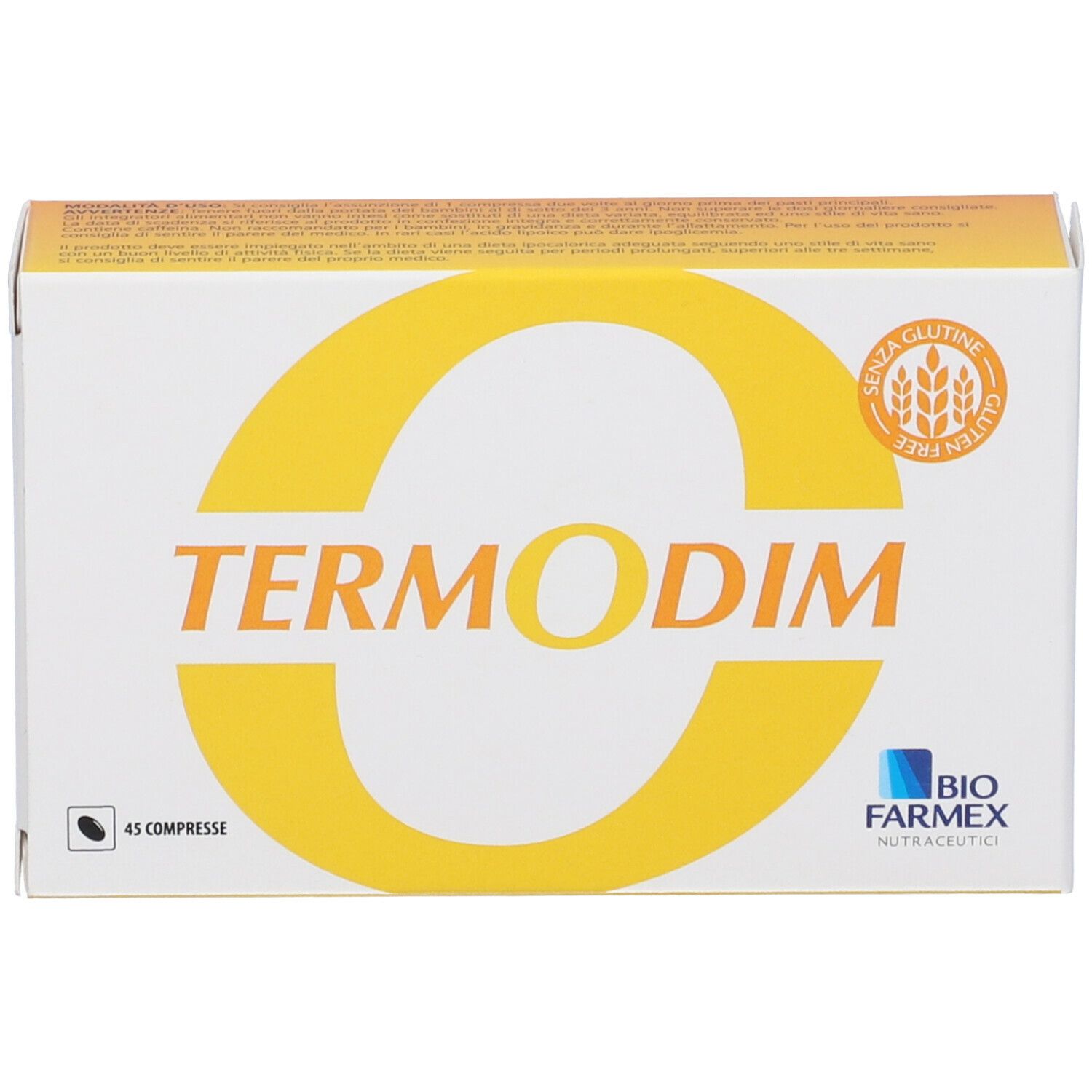 Scatola bianca con logo giallo "Termodim". Scritto: 45 compresse. Sigillo senza glutine. Logo Biofarmex.