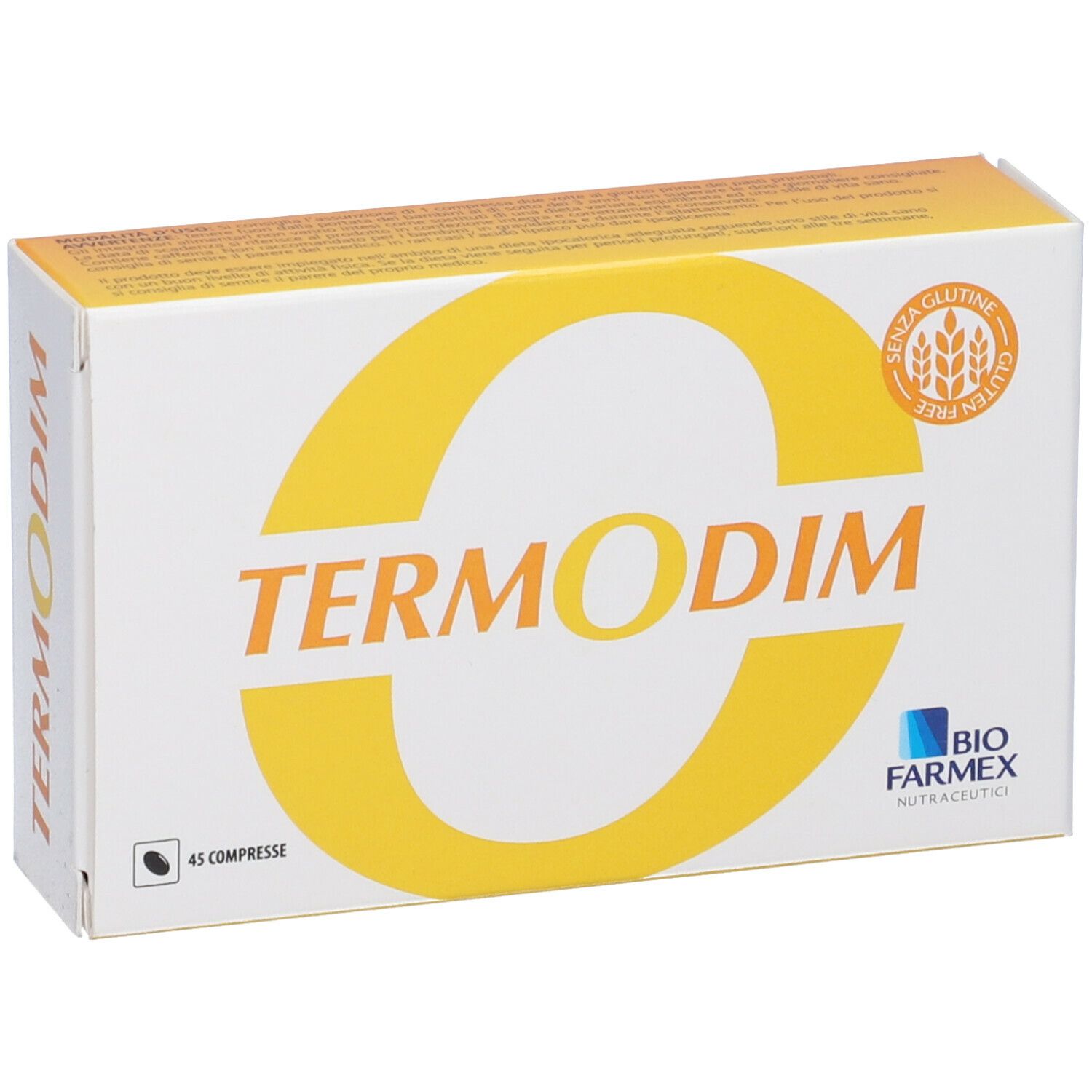 Scatola bianca con logo giallo "Termodim". Scritto: 45 compresse. Sigillo senza glutine. Logo Biofarmex. Vista obliqua.
