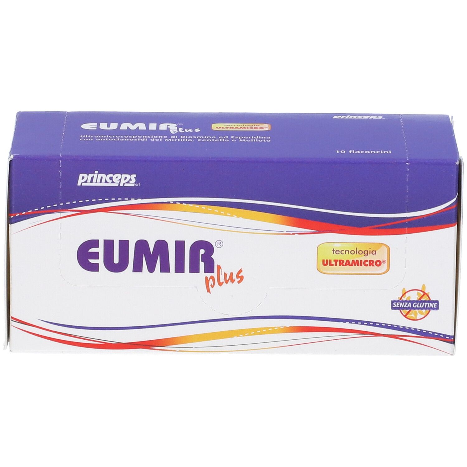 Confezione con nome e logo del prodotto. Design viola e bianco con accento giallo. Sigillo senza glutine.