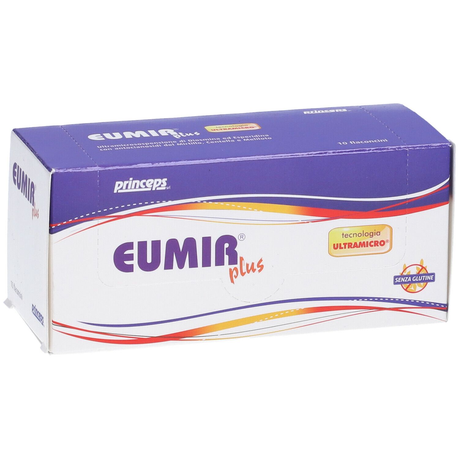 Confezione con nome e logo del prodotto. Design viola e bianco con accento giallo. Sigillo senza glutine.