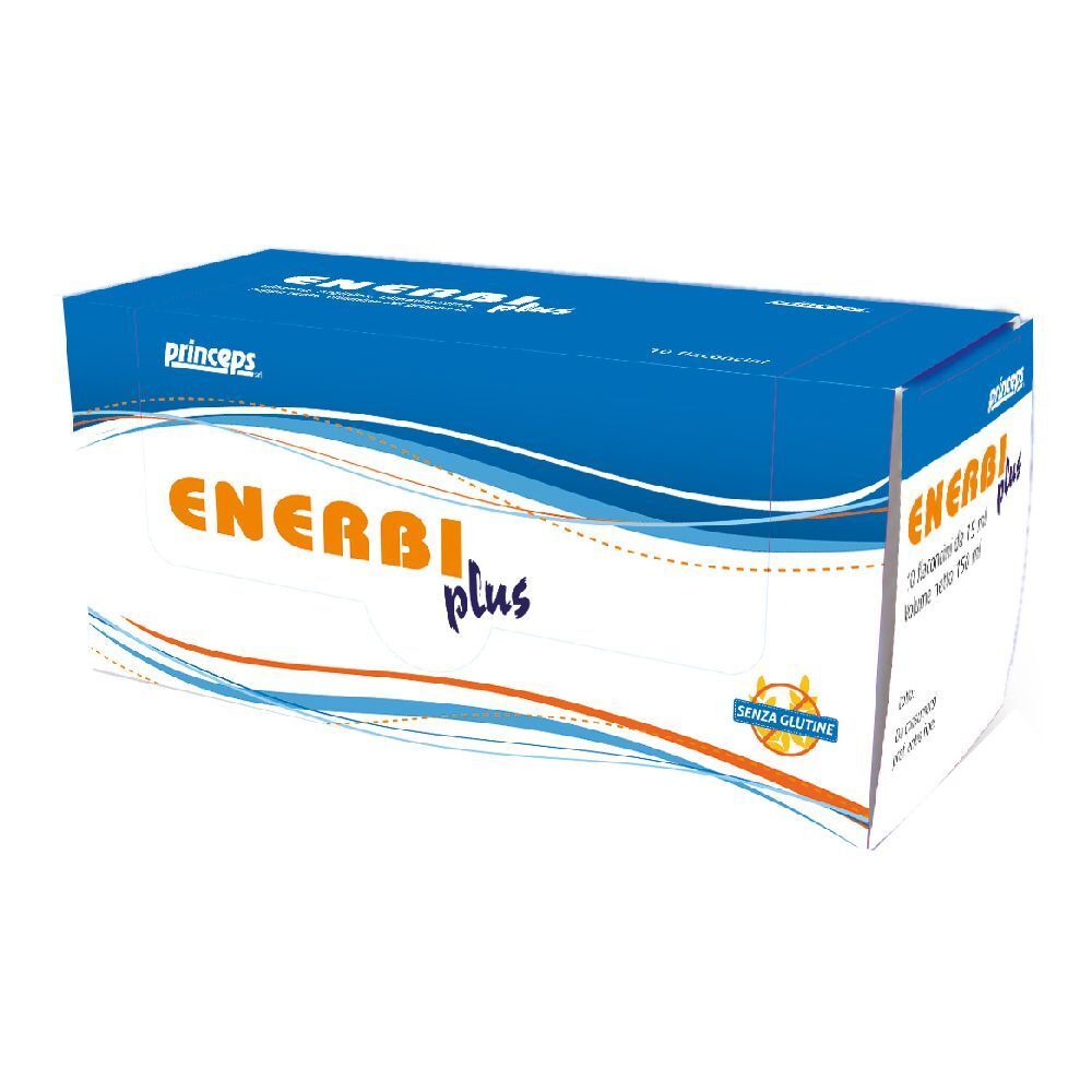 Scatola blu e bianca con logo "Enerbi plus". Scritta "princpeps". Contiene 10 flaconcini. Senza glutine.