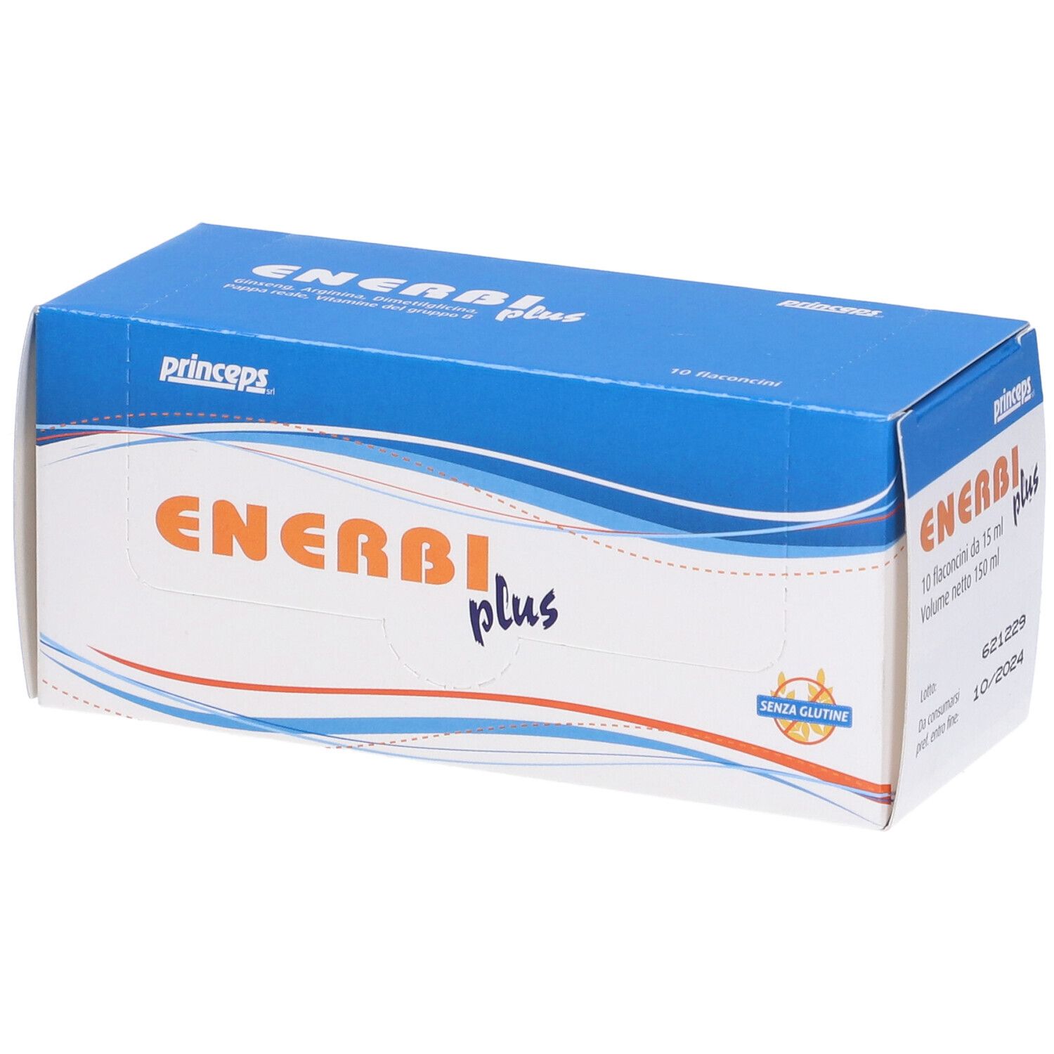 Scatola blu e bianca con logo "Enerbi plus". Scritta "princpeps". Contiene 10 flaconcini. Senza glutine.