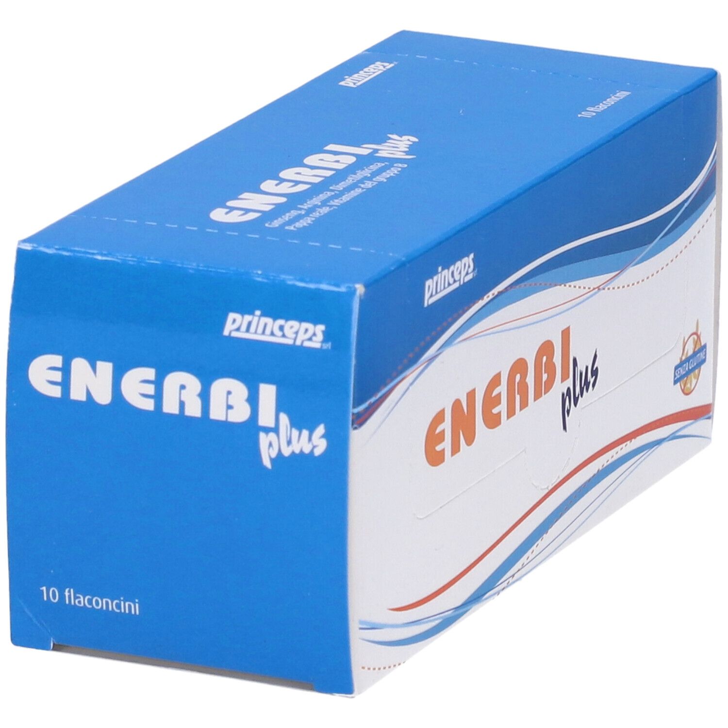 Scatola blu e bianca con logo "Enerbi plus". Scritta "princpeps". Contiene 10 flaconcini. Senza glutine.