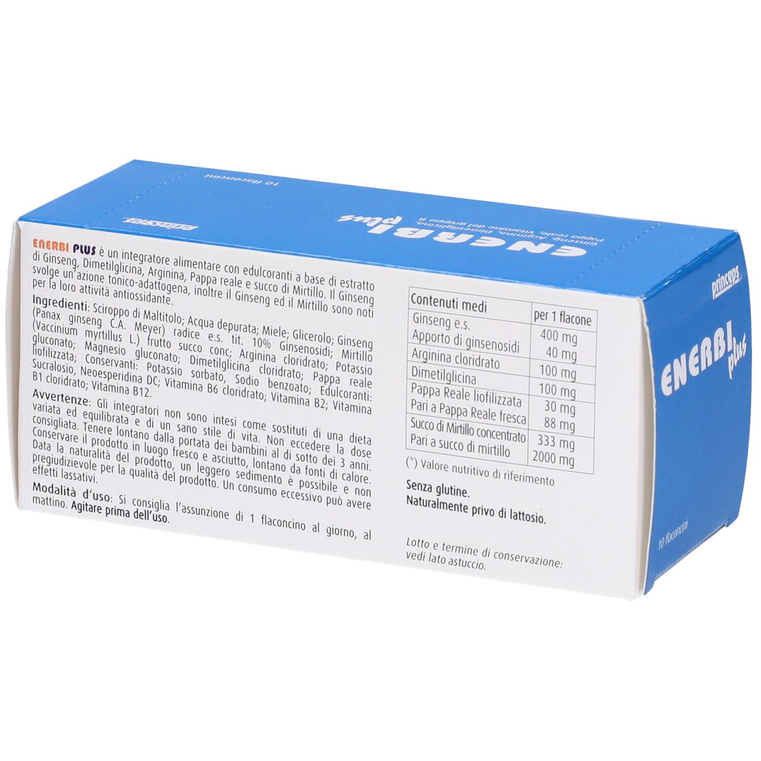 Scatola blu e bianca con logo "Enerbi plus". Scritta "princpeps". Contiene 10 flaconcini. Senza glutine.
