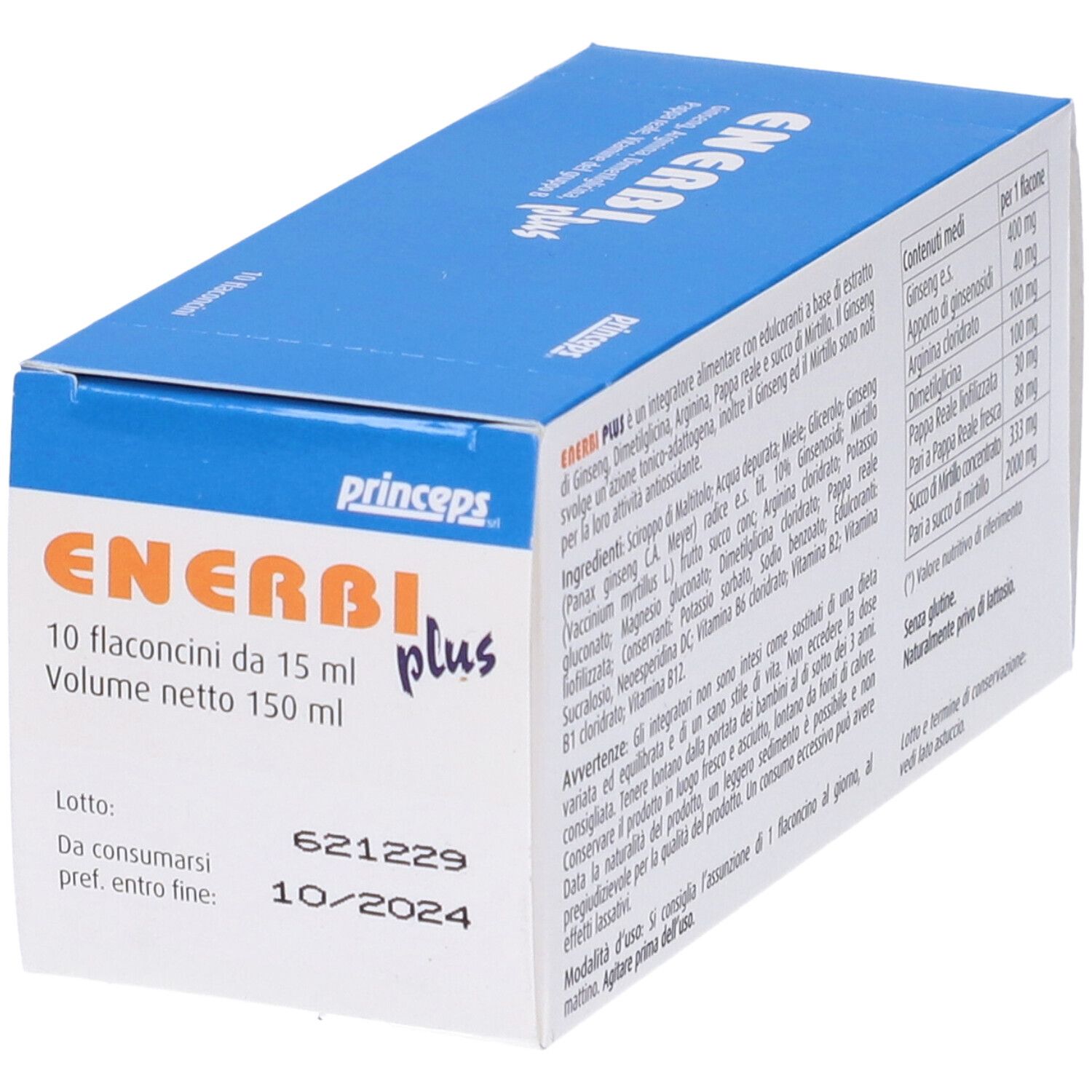Scatola blu e bianca con logo "Enerbi plus". Scritta "princpeps". Contiene 10 flaconcini. Senza glutine.