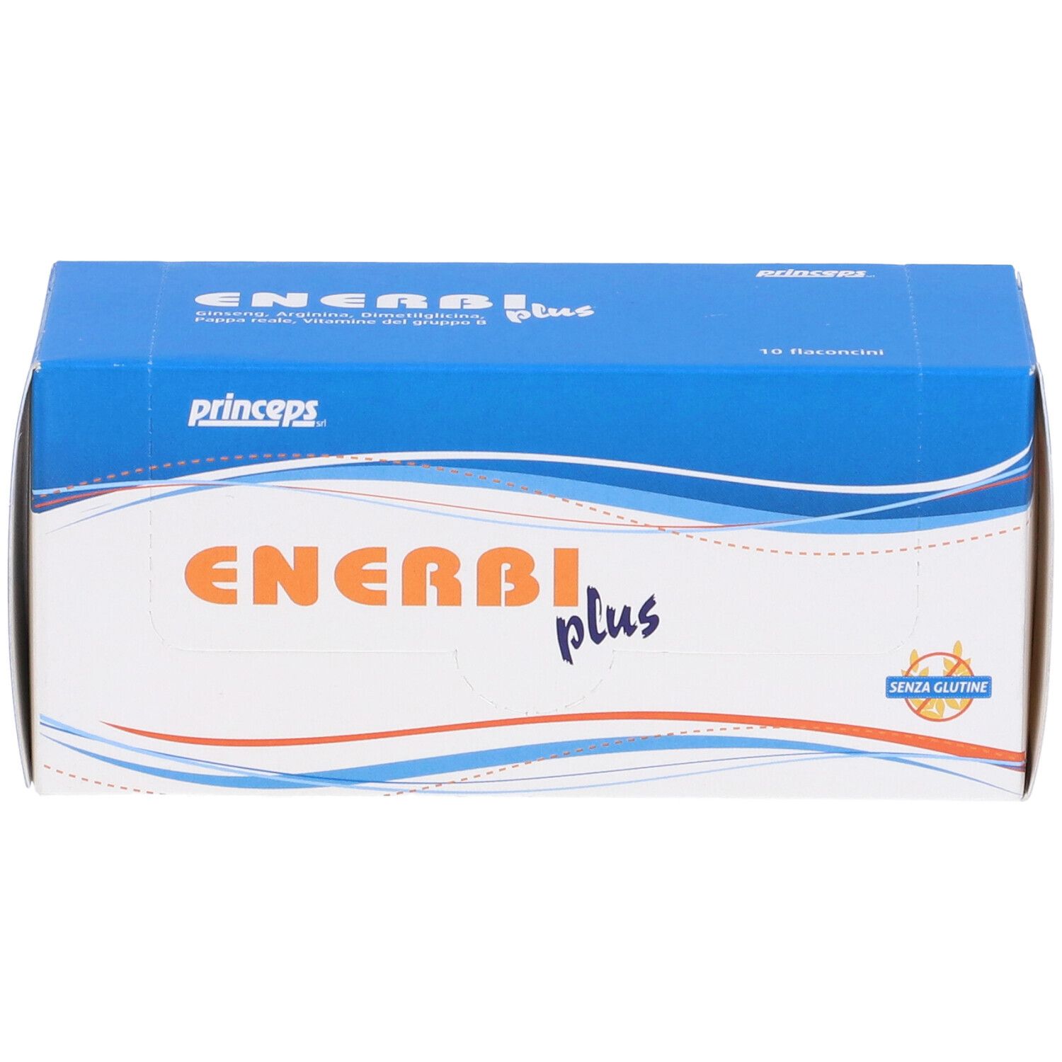 Scatola blu e bianca con logo "Enerbi plus". Scritta "princpeps". Contiene 10 flaconcini. Senza glutine.