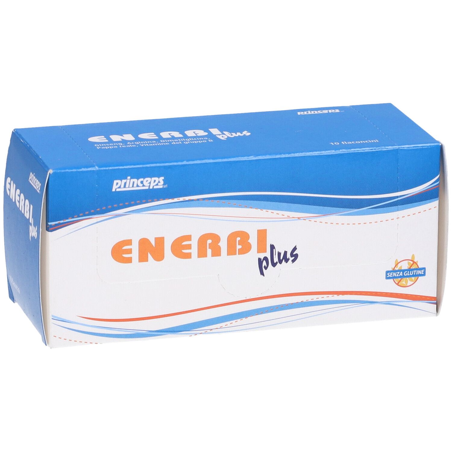 Scatola blu e bianca con logo "Enerbi plus". Scritta "princpeps". Contiene 10 flaconcini. Senza glutine.