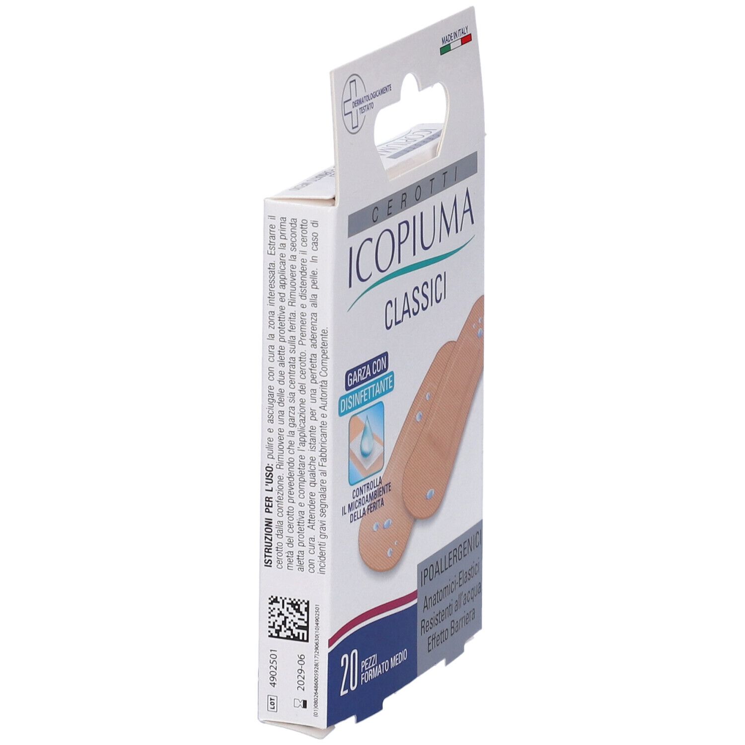 Verpackung mit Cerotti Icopiuma Classici. Enthält 20 Pflaster. Text mit Gebrauchsanweisung und Barcode.