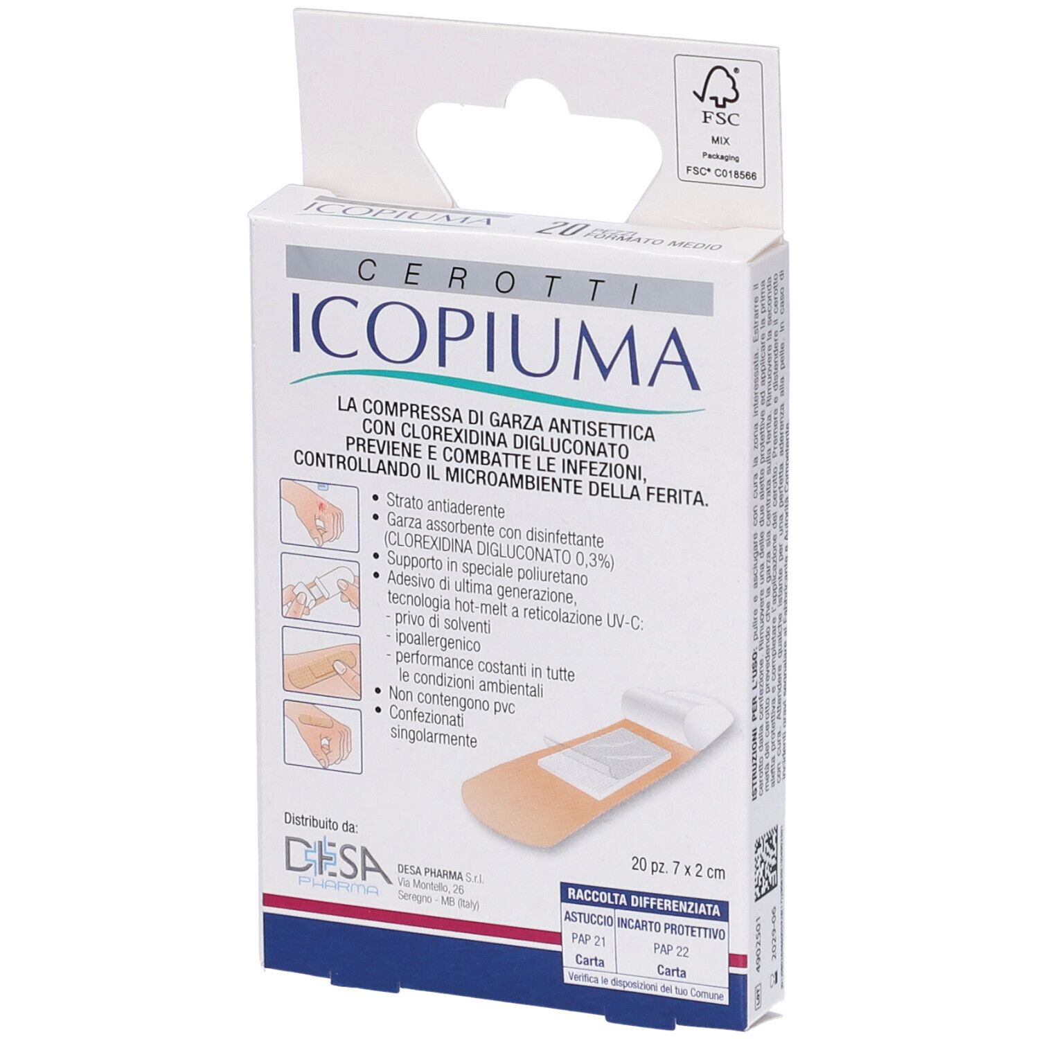 Verpackung mit Cerotti Icopiuma. Enthält 20 Pflaster. Abmessungen: 7x2 cm. Mit Chlorhexidin-Digluconat.