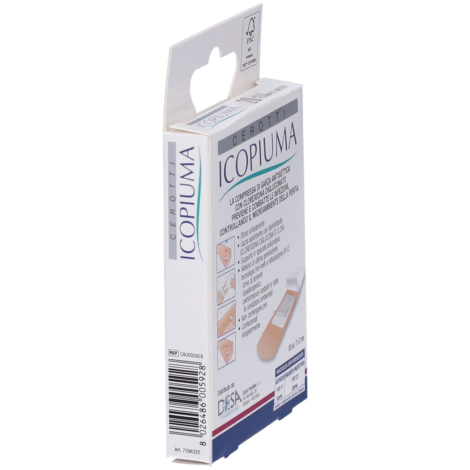 Verpackung mit Cerotti Icopiuma. Enthält 20 Pflaster. Text und Barcode auf der Seite.