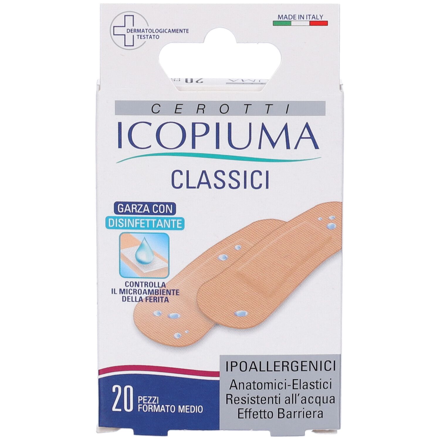 Verpackung mit 20 Pflastern. Marke Icopiuma, Classic, mit desinfizierender Gaze. Anatomisch-elastisch, wasserfest.