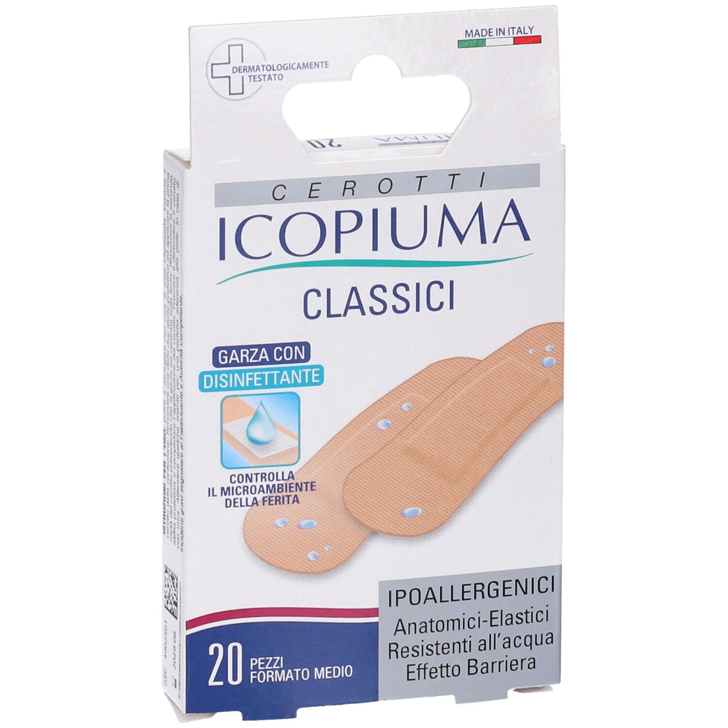 Verpackung mit 20 Pflastern. Marke Icopiuma, Classic, mit desinfizierender Gaze. Anatomisch-elastisch, wasserfest.