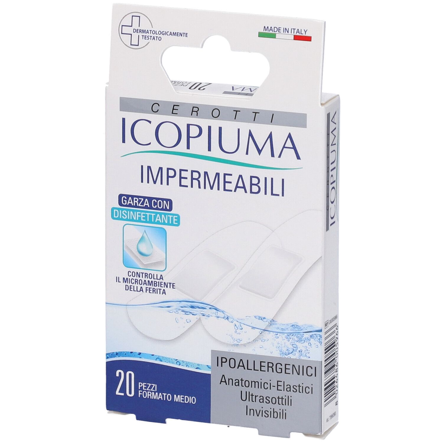 Verpackung von Cerotti Icopiuma, wasserdichte Pflaster. 20 Stück, Format Medio. Mit dermatologisch getestet.