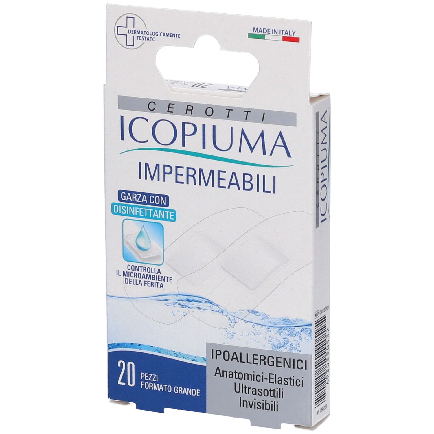 Verpackung mit 20 Icopiuma wasserdichten Pflastern, hypoallergen, anatomisch, elastisch, ultraslim, unsichtbar.