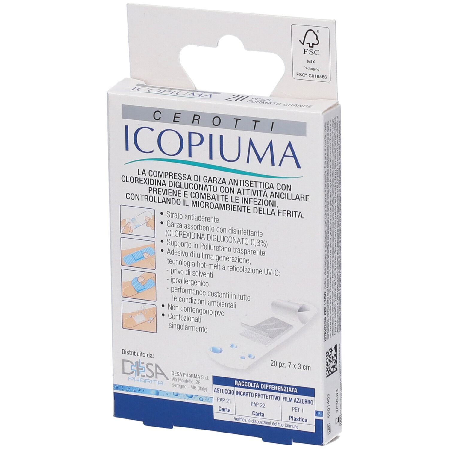 Verpackung mit Icopiuma Pflastern, 20 Stück, 7x3 cm. Antiseptische Kompressen mit Chlorhexidin.