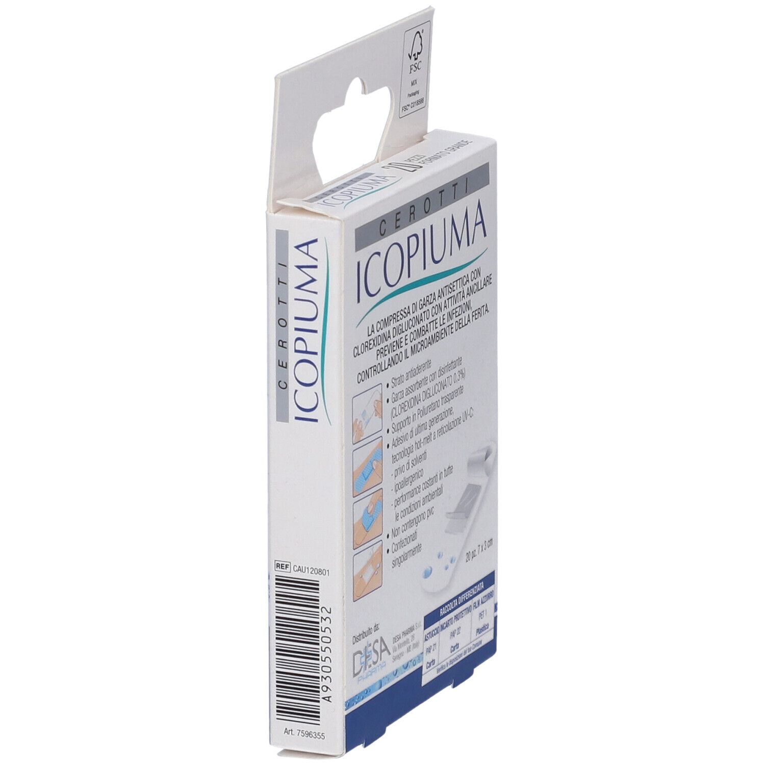 Verpackung von Icopiuma Cerotti mit Darstellungen zur Anwendung. Text auf der Verpackung: "LA COMPRESSA DI SANGUE AUTOSTITTICA CON CLOROXIDINA PURIFICANTE E COMBATTENTE DELLA FERITA."