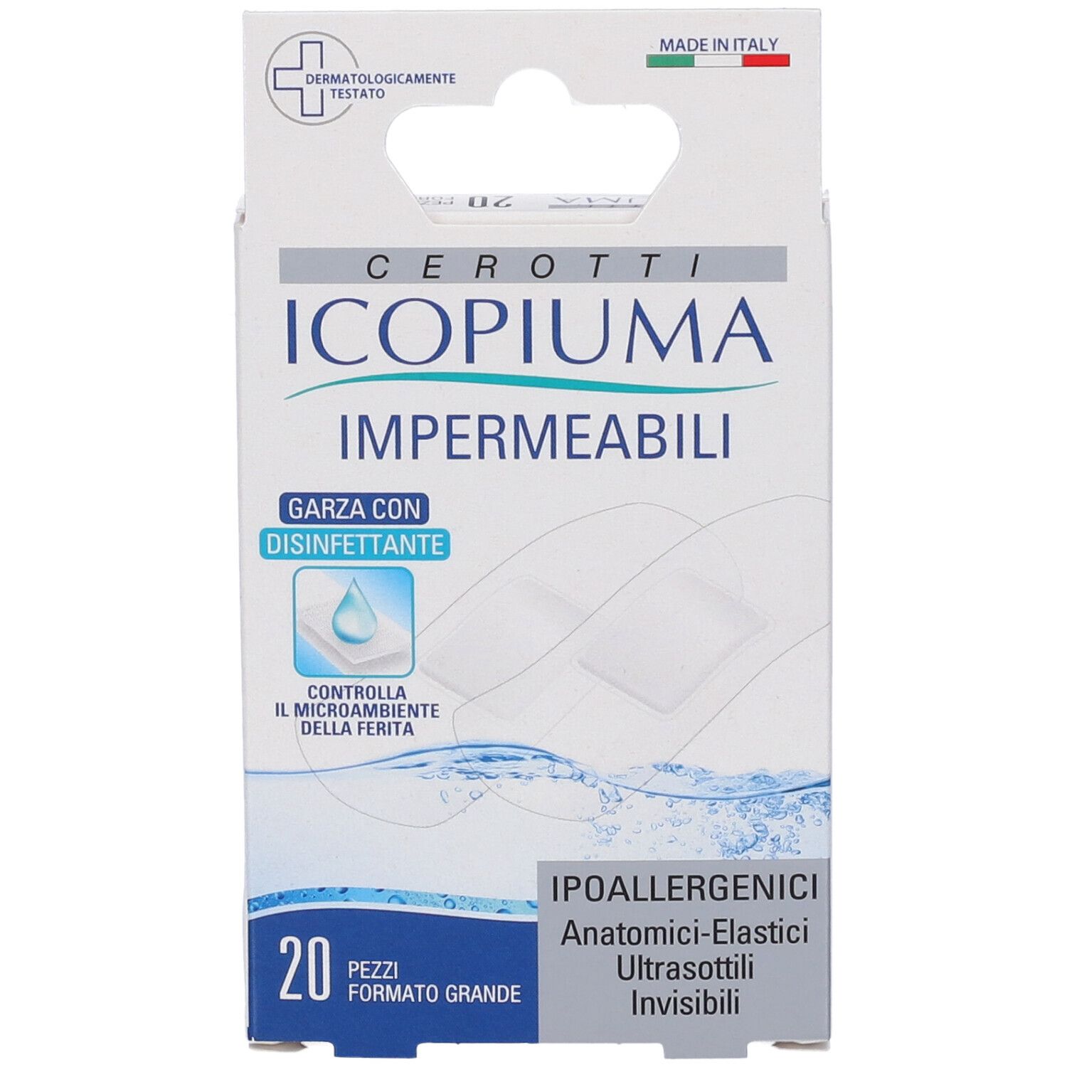 Verpackung mit 20 wasserdichten, hypoallergenen Icopiuma-Pflastern, anatomisch und elastisch.