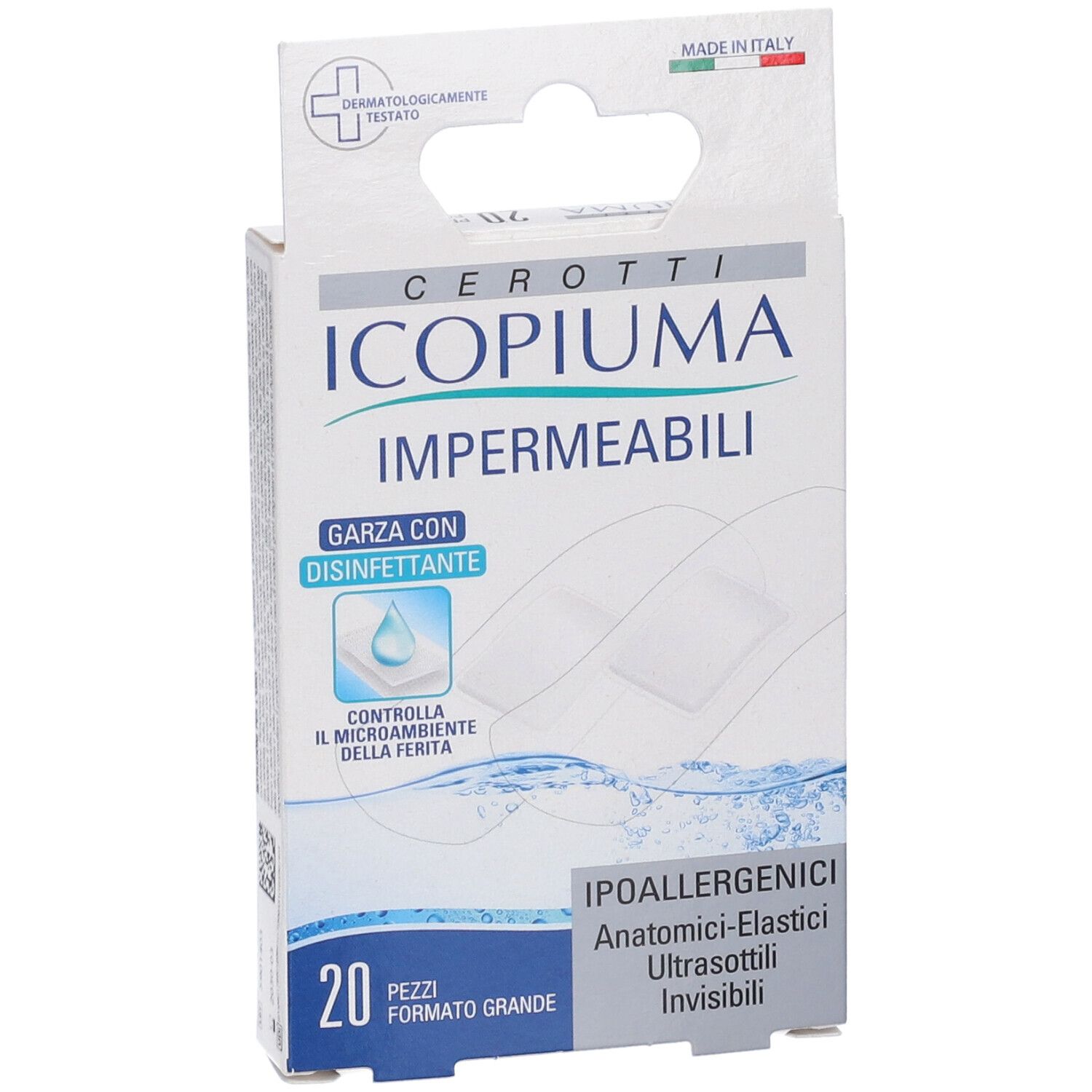 Verpackung mit 20 wasserdichten, hypoallergenen, anatomisch-elastischen Pflastern.