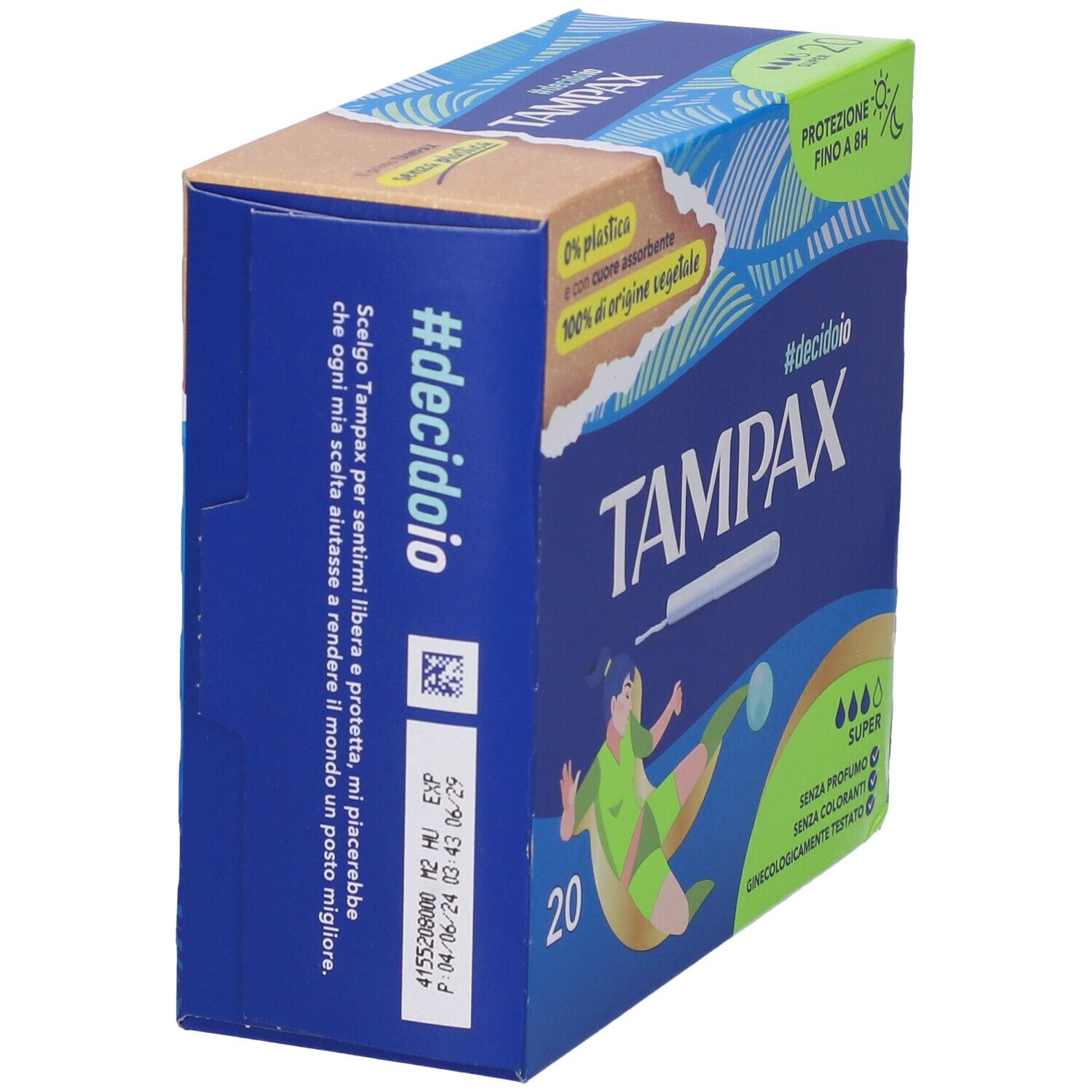 Scatola blu con logo TAMPAX e 20 tamponi. Scritto: #decidoio. Testo sulla scelta dei tamponi per libertà e protezione.